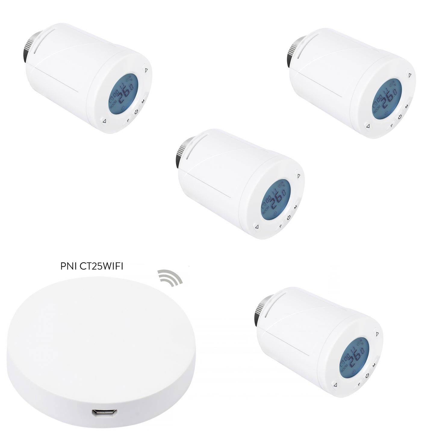 Kit Wifi 4 bucati cap termostatic inteligent PNI CT25T pentru calorifer si Hub PNI CT25WIFI cu control prin Internet, aplicatie de mobil Tuya Smart