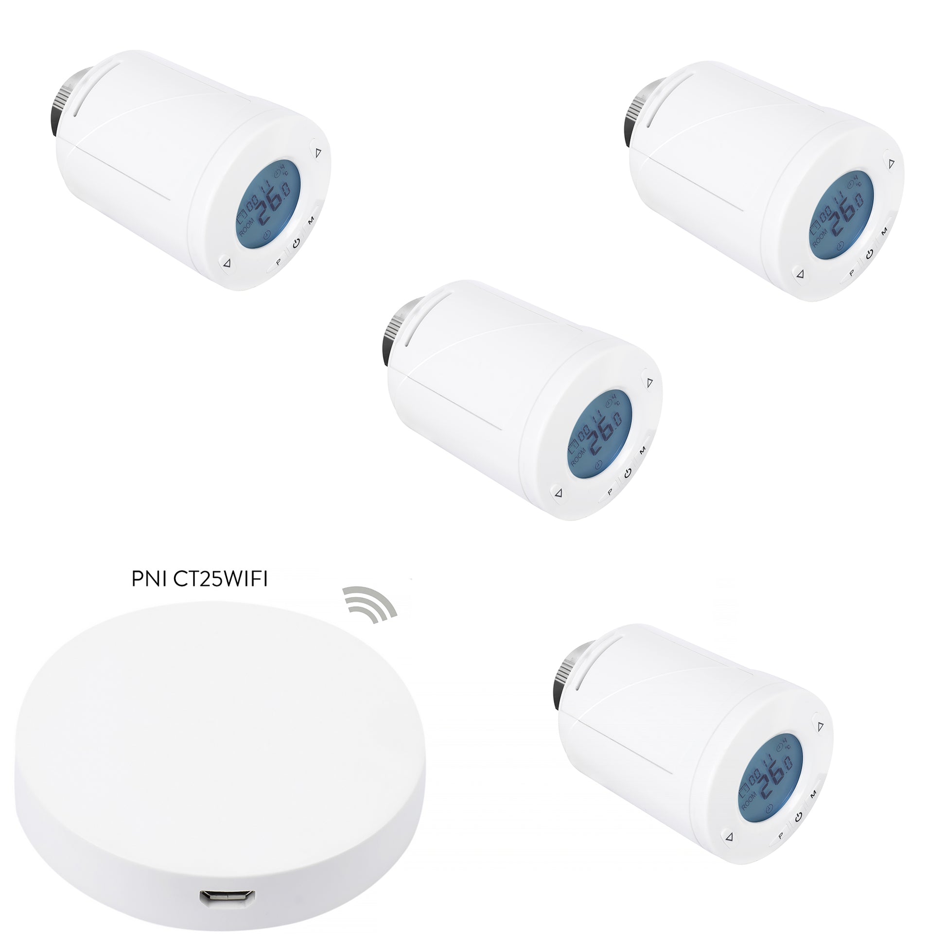 Kit Wifi 4 bucati cap termostatic inteligent PNI CT25T pentru calorifer si Hub PNI CT25WIFI cu control prin Internet, aplicatie de mobil Tuya Smart