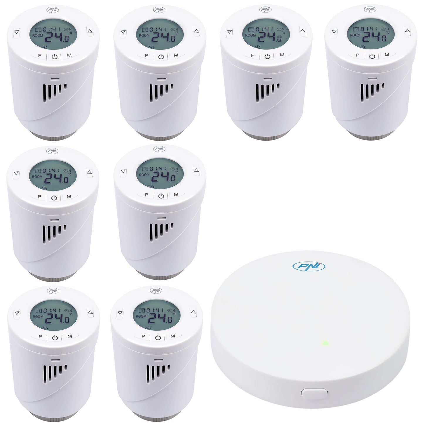 Kit Wifi 8 bucati cap termostatic inteligent PNI CT25T pentru calorifer si Hub PNI CT25WIFI cu control prin Internet, aplicatie de mobil Tuya Smart