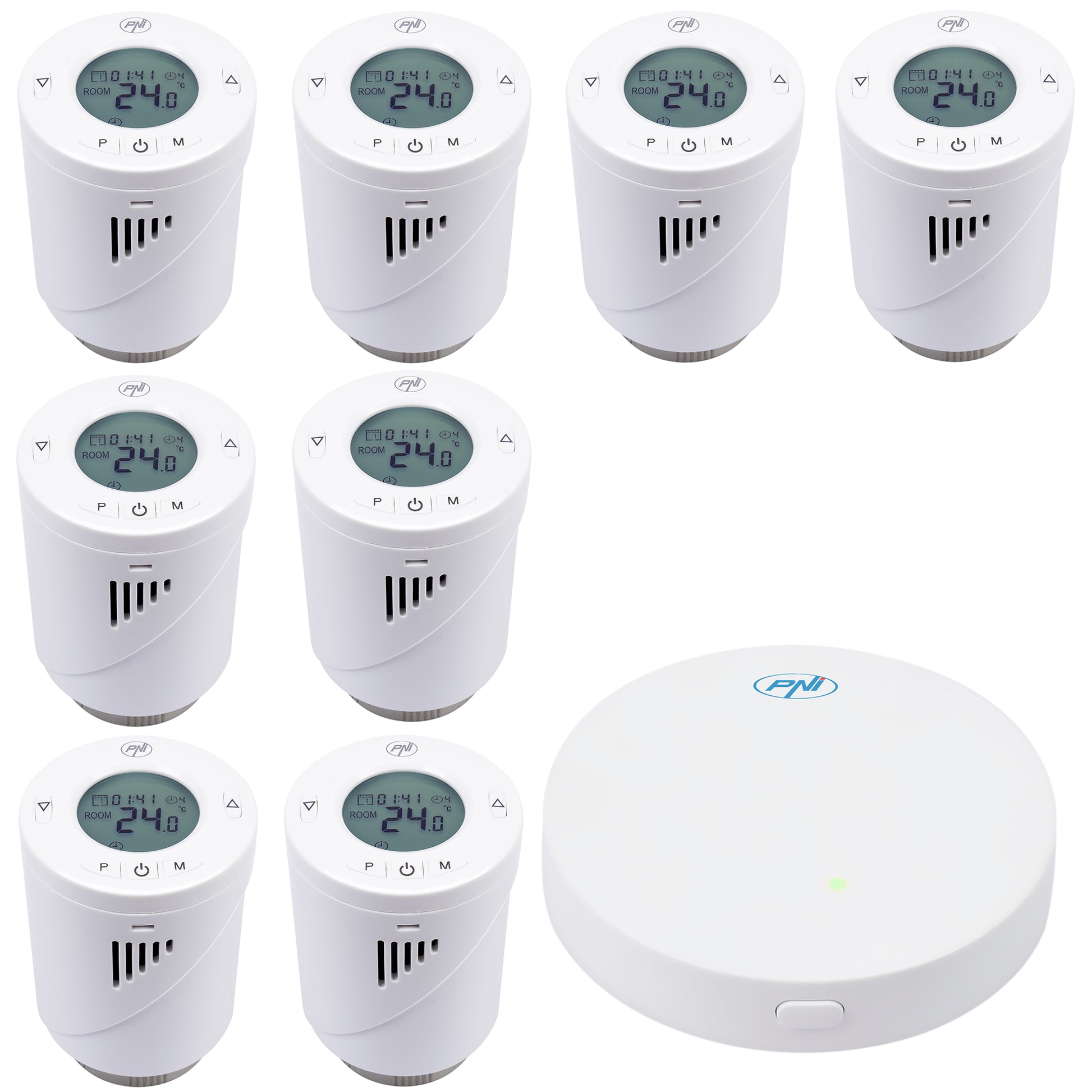 Kit Wifi 8 bucati cap termostatic inteligent PNI CT25T pentru calorifer si Hub PNI CT25WIFI cu control prin Internet, aplicatie de mobil Tuya Smart