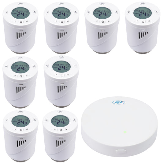 Kit Wifi 8 bucati cap termostatic inteligent PNI CT25T pentru calorifer si Hub PNI CT25WIFI cu control prin Internet, aplicatie de mobil Tuya Smart
