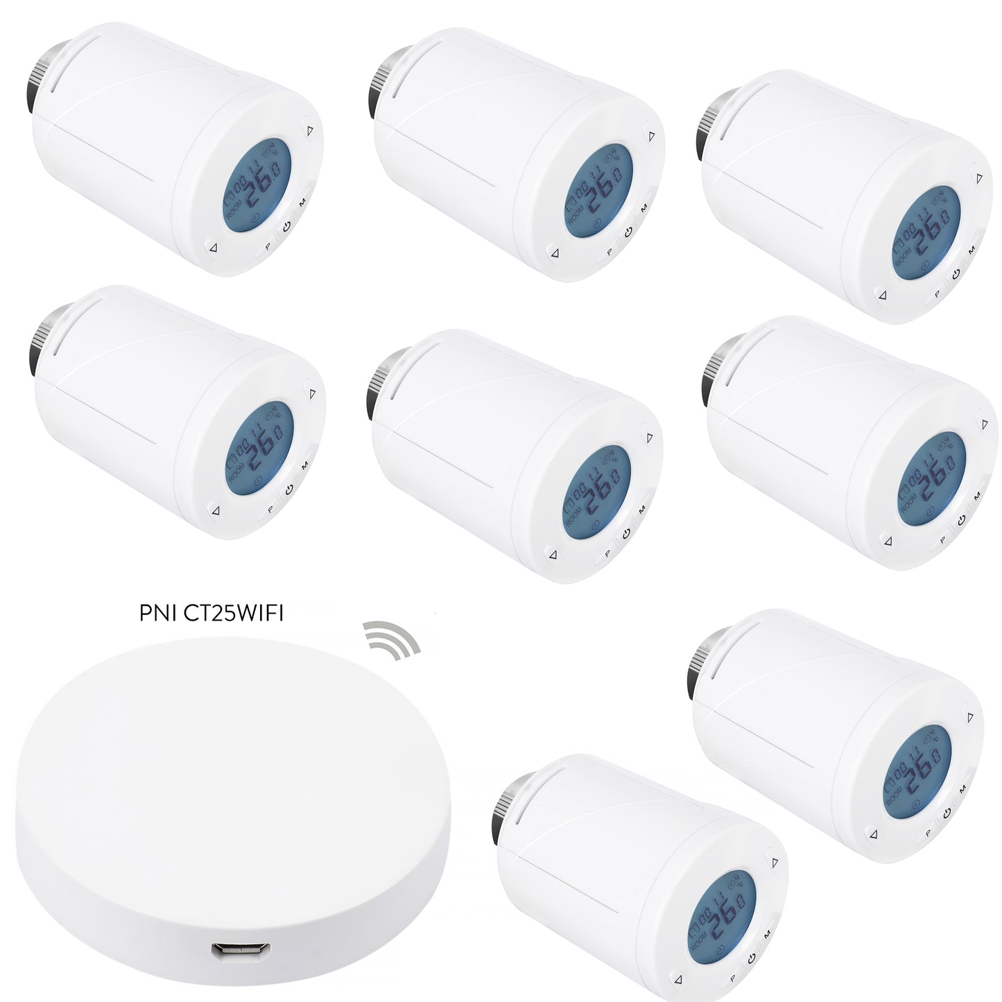 Kit Wifi 8 bucati cap termostatic inteligent PNI CT25T pentru calorifer si Hub PNI CT25WIFI cu control prin Internet, aplicatie de mobil Tuya Smart