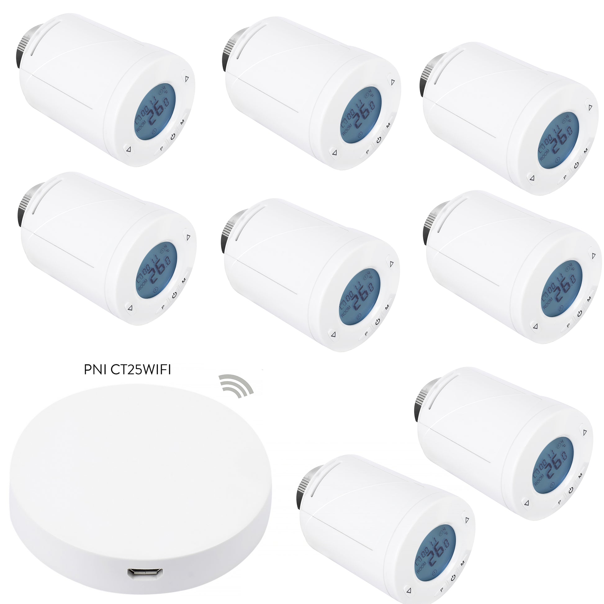 Kit Wifi 8 bucati cap termostatic inteligent PNI CT25T pentru calorifer si Hub PNI CT25WIFI cu control prin Internet, aplicatie de mobil Tuya Smart