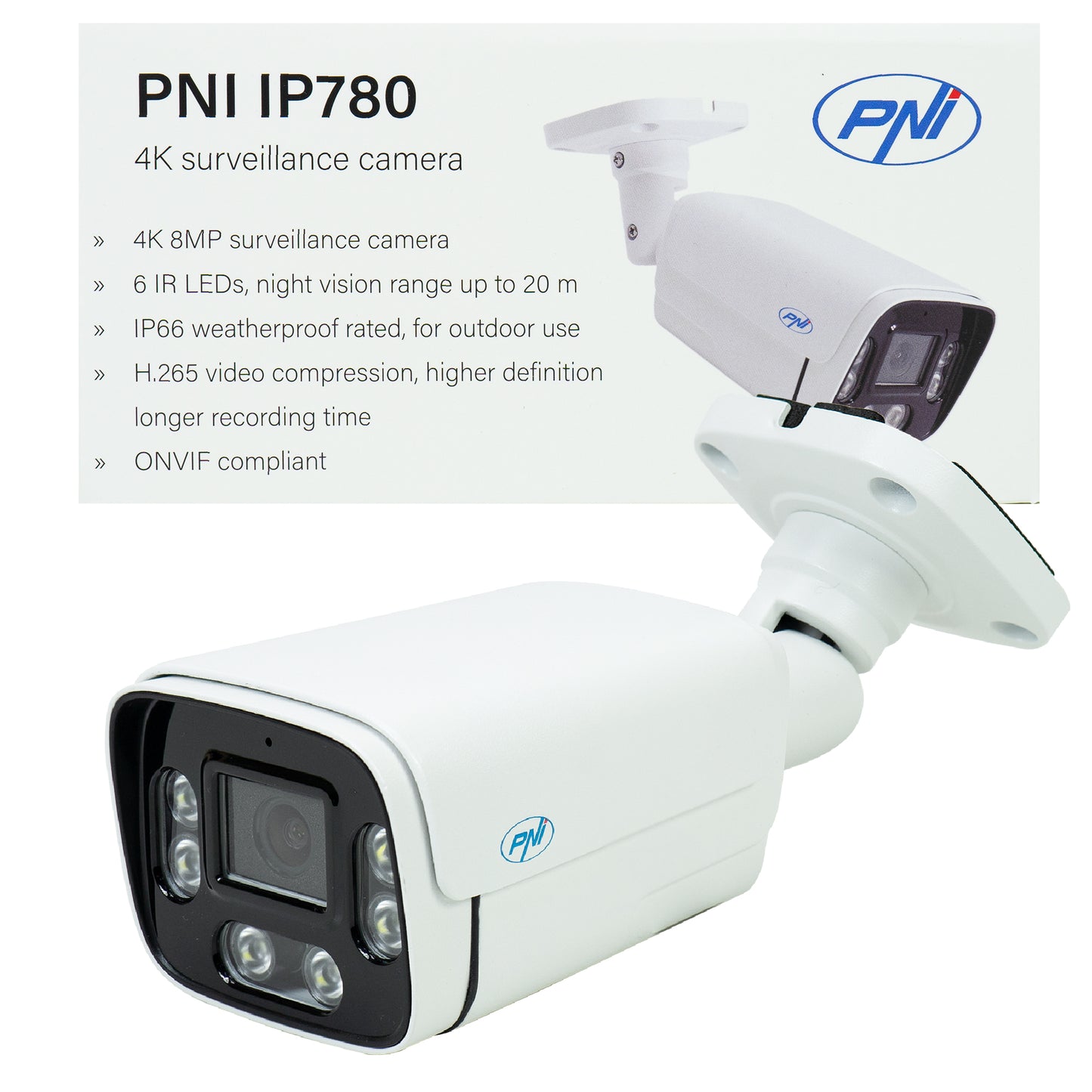 Camera supraveghere video PNI IP780, 8MP, 4K, IP, 6 LED-uri IR, IP66, alb