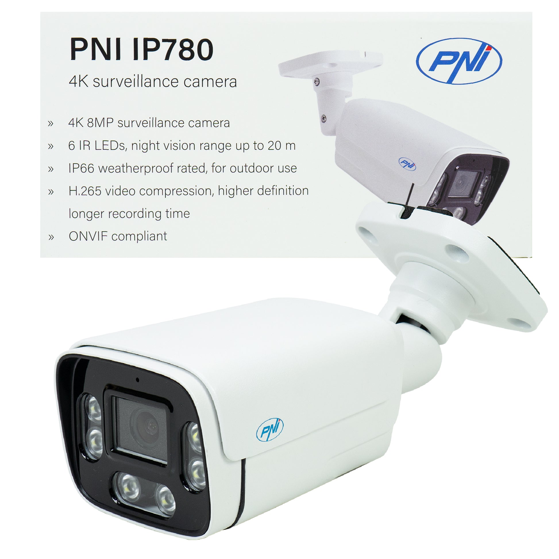 Camera supraveghere video PNI IP780, 8MP, 4K, IP, 6 LED-uri IR, IP66, alb