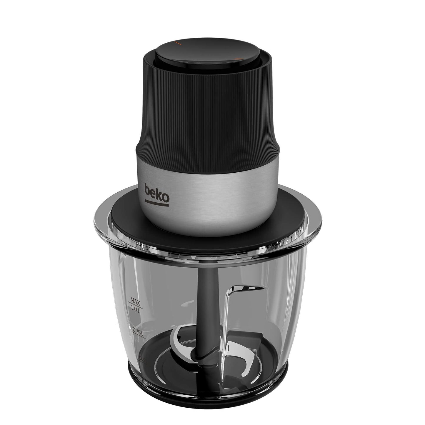 Mini tocator Beko CHG81442BX, 1l, 400W, 3800 rotatii/minut, 2 trepte, 2 cutite otel inoxidabil, negru/inox