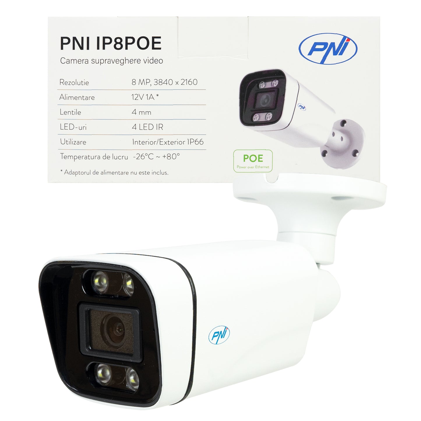 Camera supraveghere video PNI IP8POE 8MP, 4K, D-WDR, 4.0mm, 6 LED-uri, IP66, microfon si difuzor integrate, alb