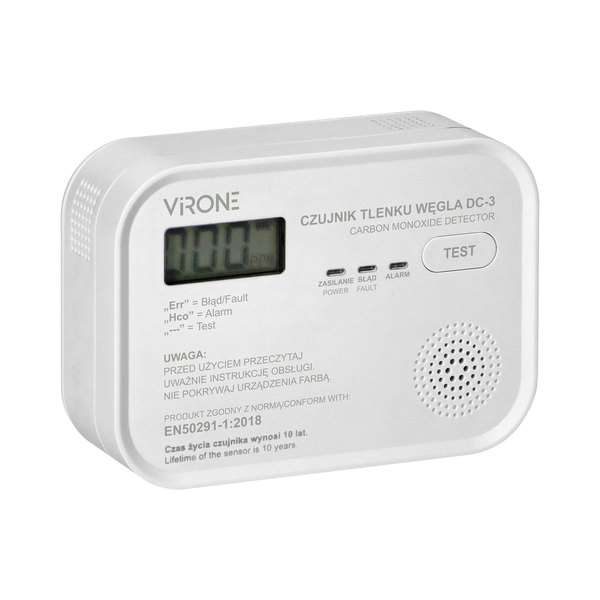 Detector monoxid de carbon VIRONE DC-3, 3 x AA, LCD, buton TEST, alarma sonora si vizuala, alb