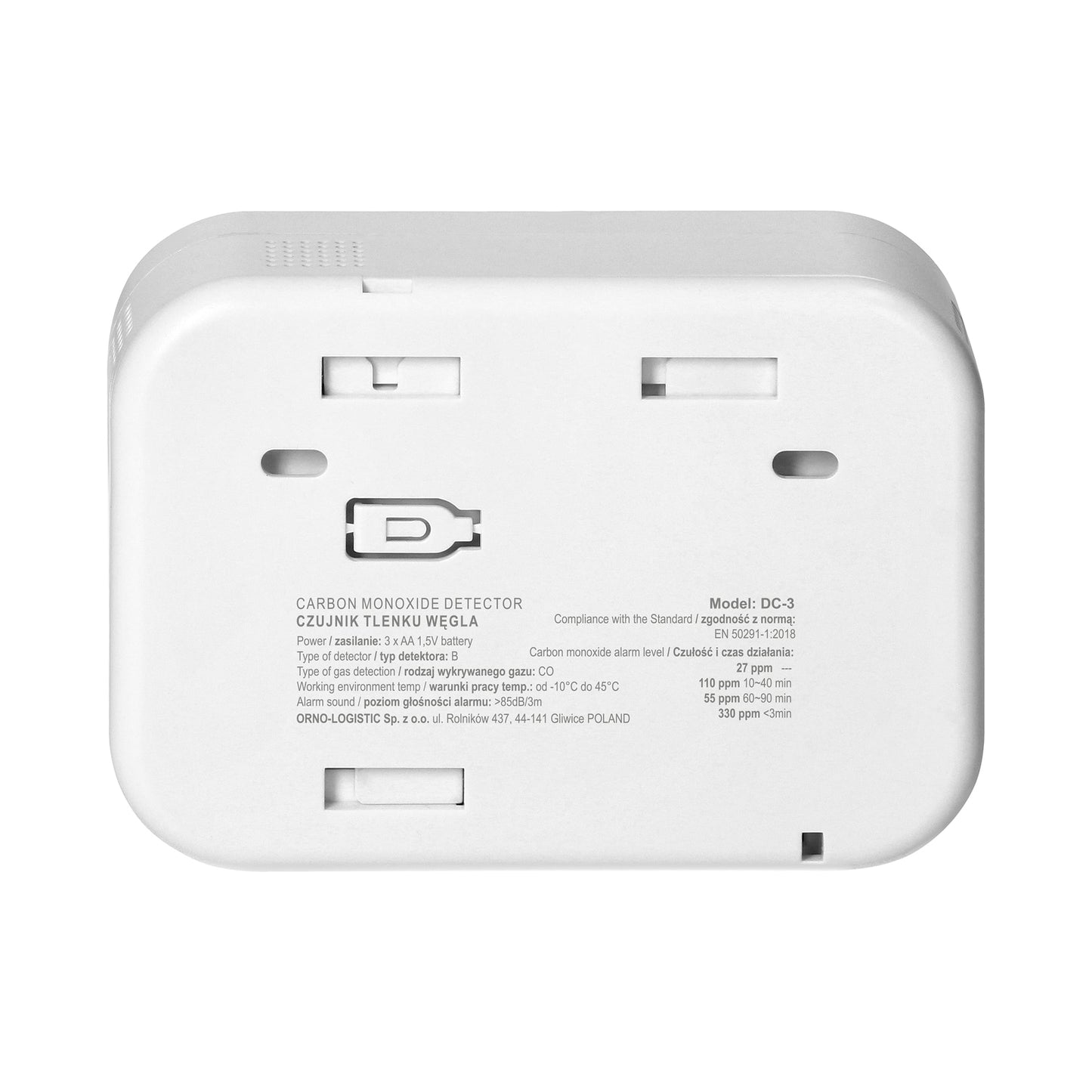 Detector monoxid de carbon VIRONE DC-3, 3 x AA, LCD, buton TEST, alarma sonora si vizuala, alb