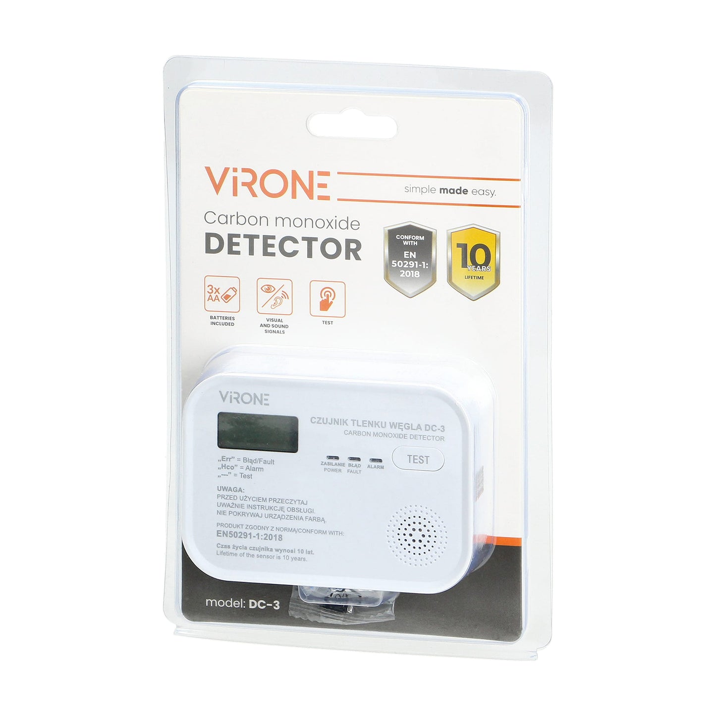 Detector monoxid de carbon VIRONE DC-3, 3 x AA, LCD, buton TEST, alarma sonora si vizuala, alb