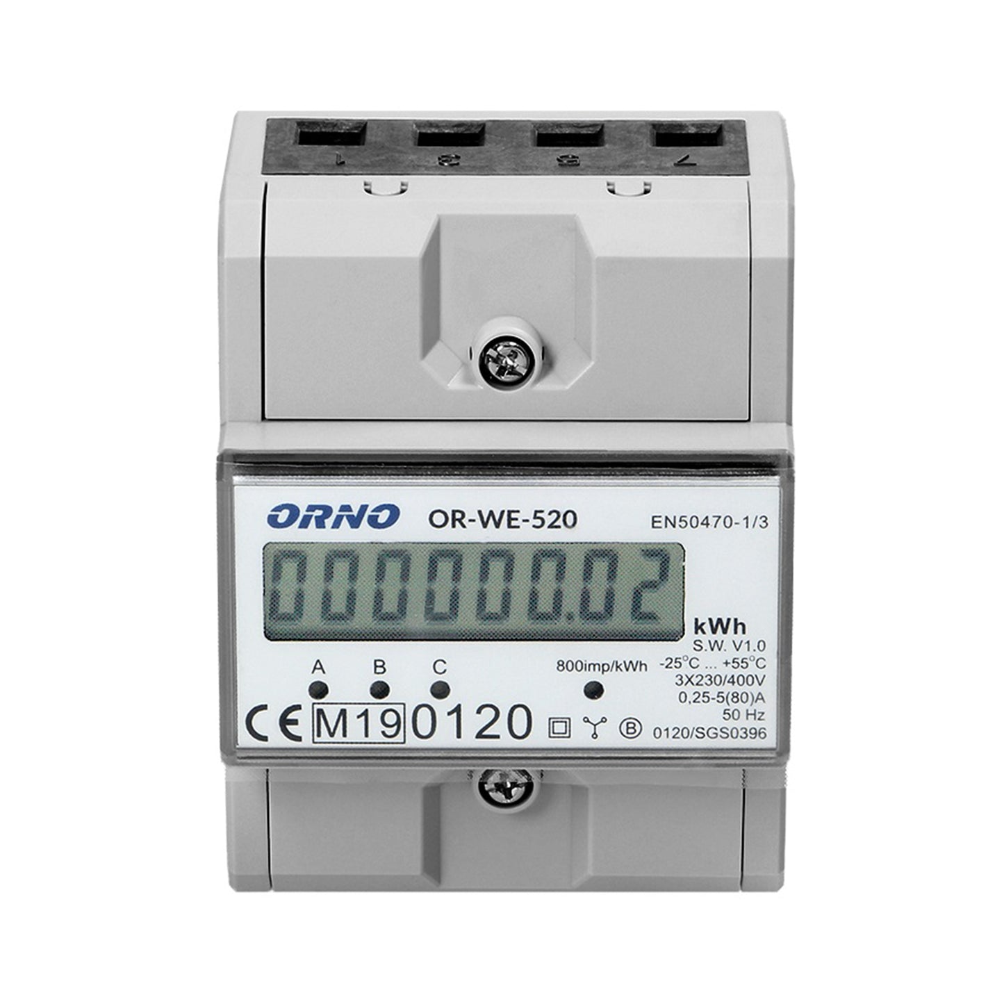 Contor trifazic ORNO OR-WE-520, 80A, certificare MID, 3 faze, 230V, clasa de masurare B, frecventa de impuls 800 imp/kWh, IP51, gri