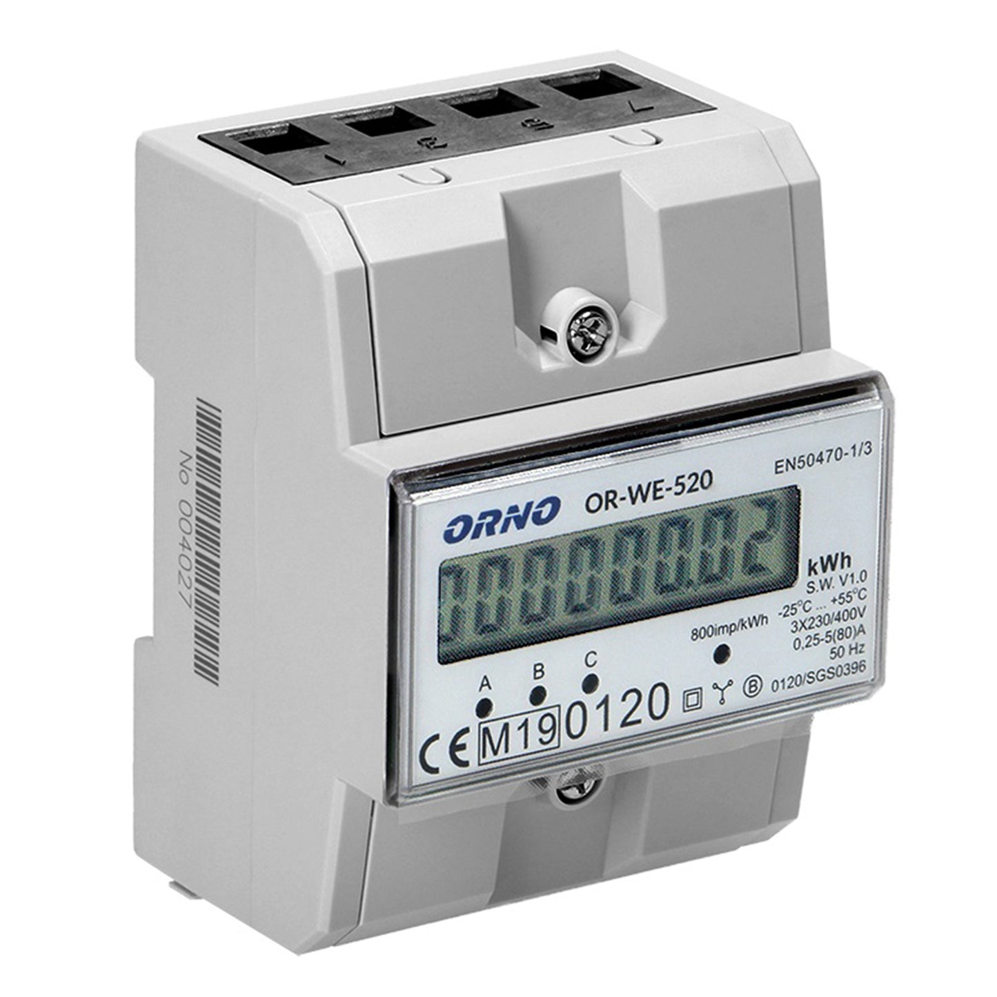 Contor trifazic ORNO OR-WE-520, 80A, certificare MID, 3 faze, 230V, clasa de masurare B, frecventa de impuls 800 imp/kWh, IP51, gri