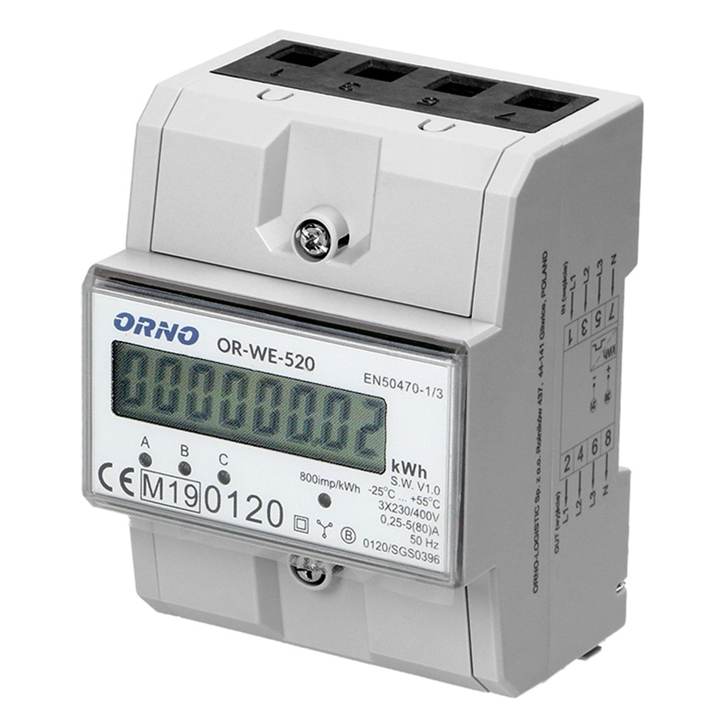 Contor trifazic ORNO OR-WE-520, 80A, certificare MID, 3 faze, 230V, clasa de masurare B, frecventa de impuls 800 imp/kWh, IP51, gri