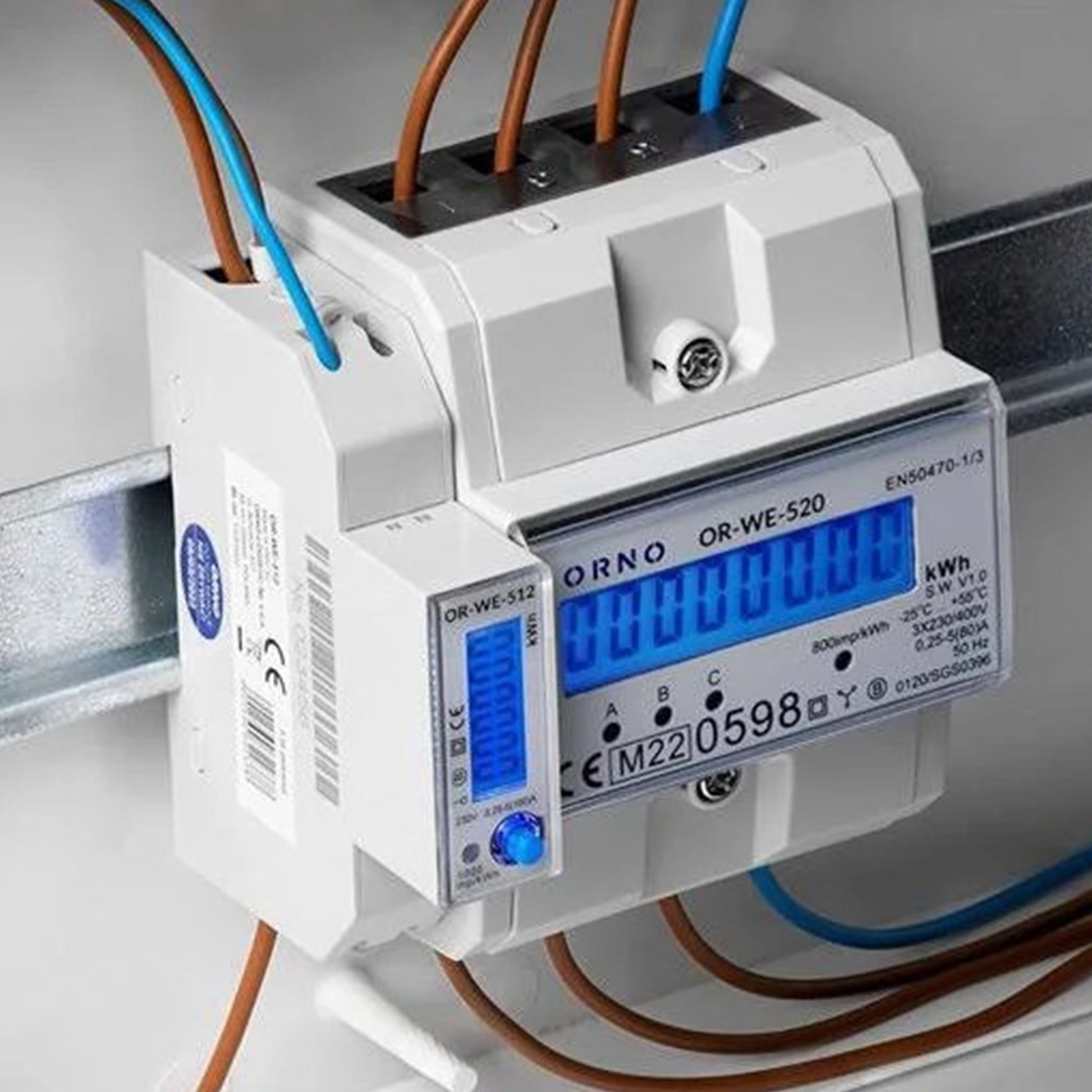 Contor trifazic ORNO OR-WE-520, 80A, certificare MID, 3 faze, 230V, clasa de masurare B, frecventa de impuls 800 imp/kWh, IP51, gri