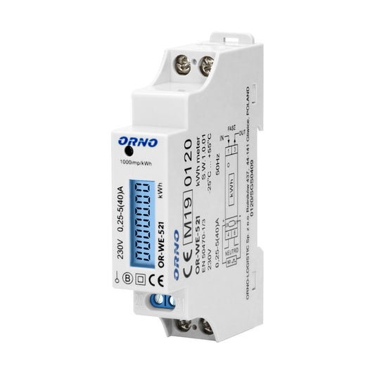 Contor monofazic ORNO OR-WE-521, 40A, certificare MID, 230V, clasa de masurare B, frecventa de impuls 1000 imp/kWh, IP51, alb