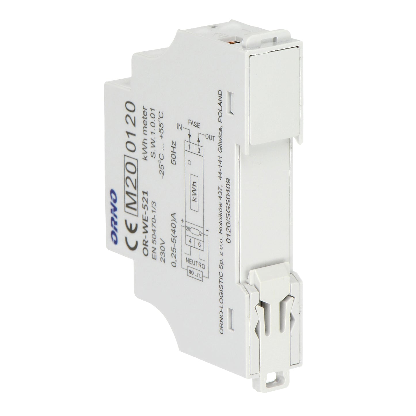 Contor monofazic ORNO OR-WE-521, 40A, certificare MID, 230V, clasa de masurare B, frecventa de impuls 1000 imp/kWh, IP51, alb
