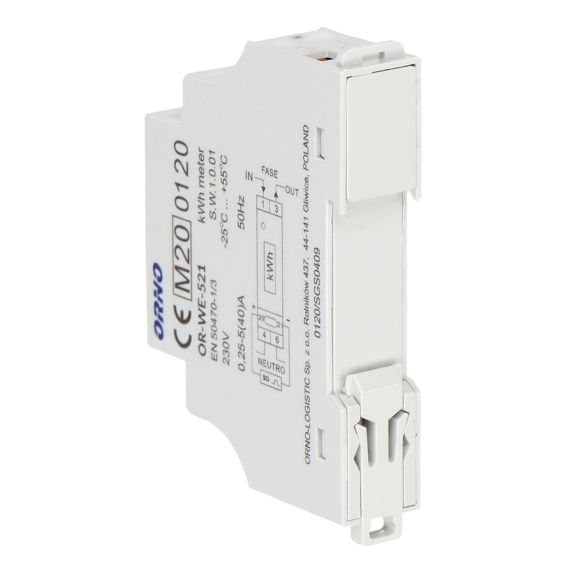 Contor monofazic ORNO OR-WE-521, 40A, certificare MID, 230V, clasa de masurare B, frecventa de impuls 1000 imp/kWh, IP51, alb