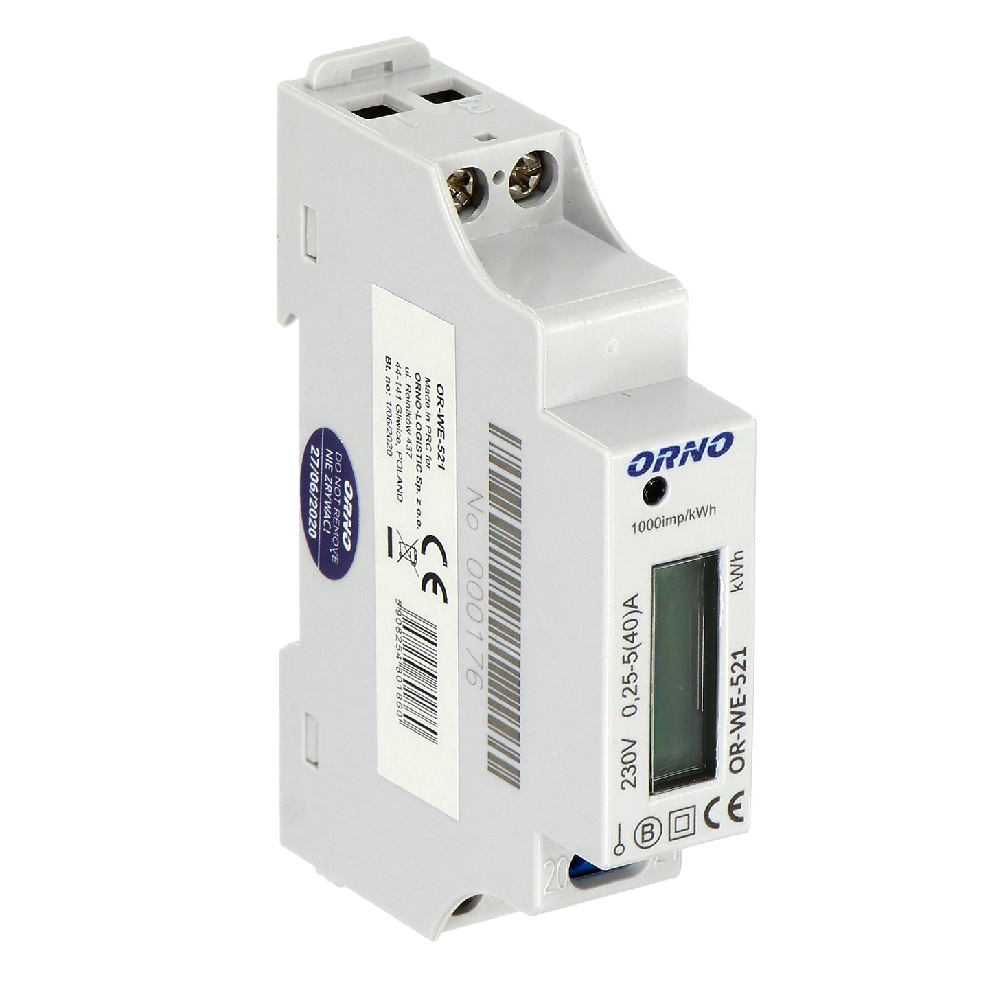 Contor monofazic ORNO OR-WE-521, 40A, certificare MID, 230V, clasa de masurare B, frecventa de impuls 1000 imp/kWh, IP51, alb