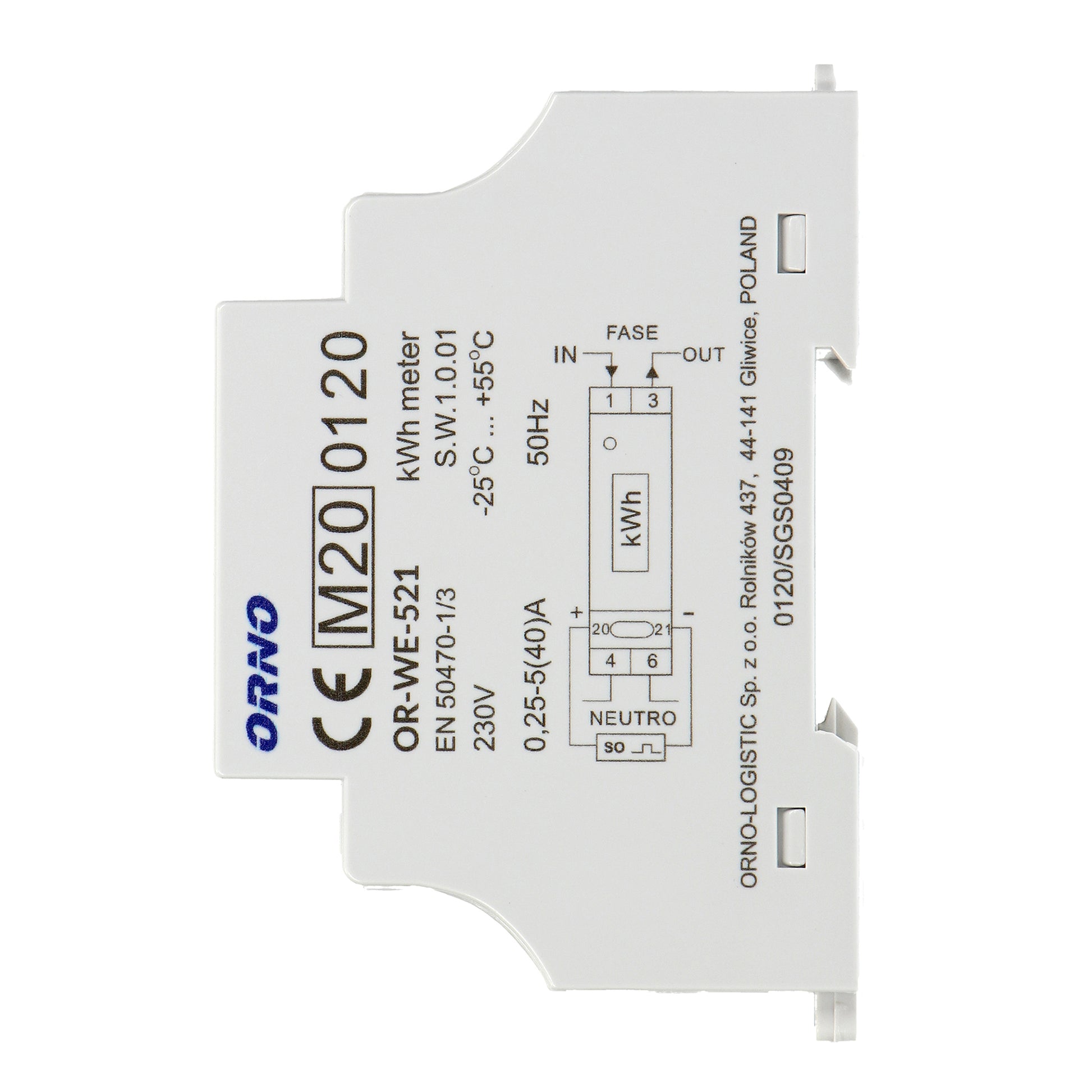 Contor monofazic ORNO OR-WE-521, 40A, certificare MID, 230V, clasa de masurare B, frecventa de impuls 1000 imp/kWh, IP51, alb