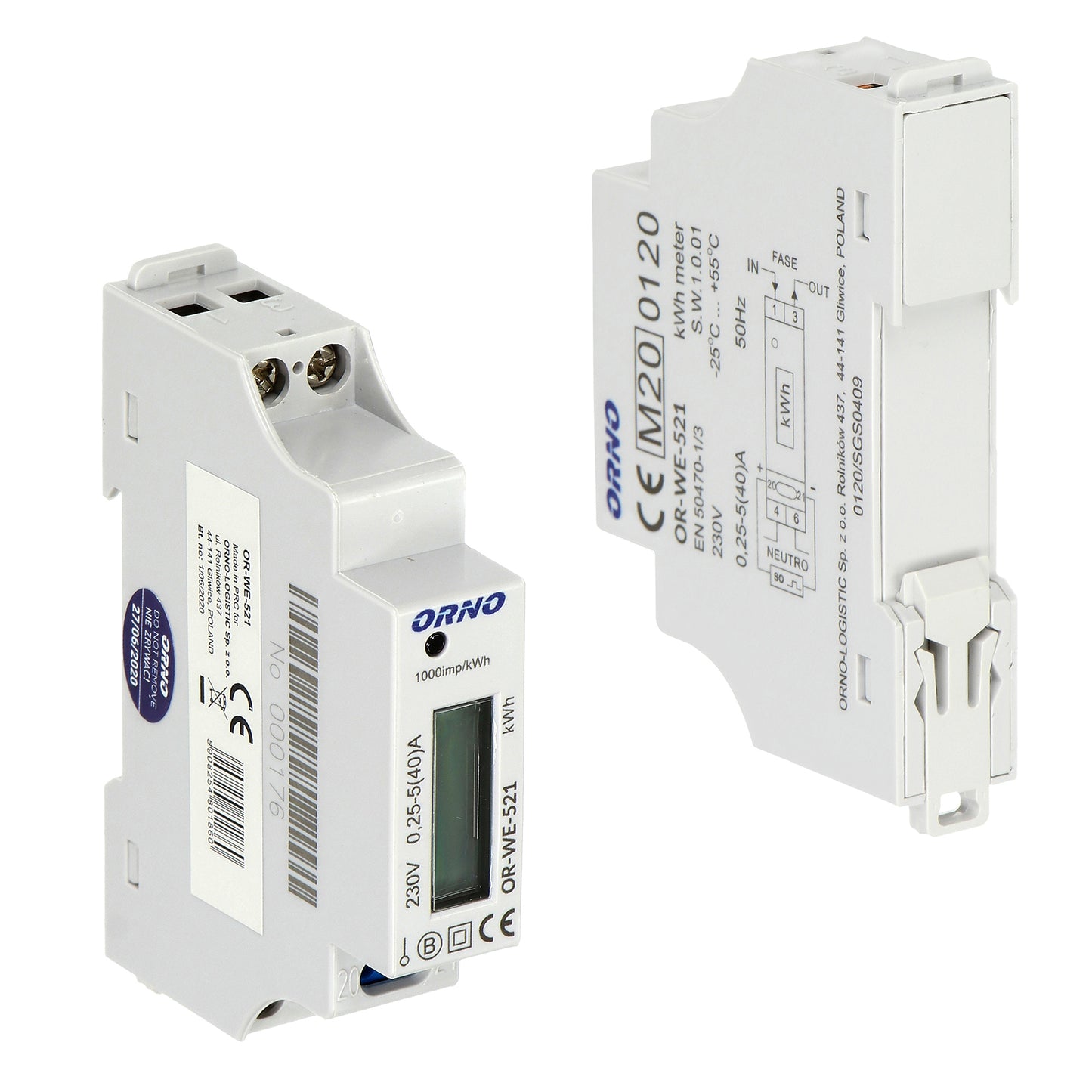 Contor monofazic ORNO OR-WE-521, 40A, certificare MID, 230V, clasa de masurare B, frecventa de impuls 1000 imp/kWh, IP51, alb