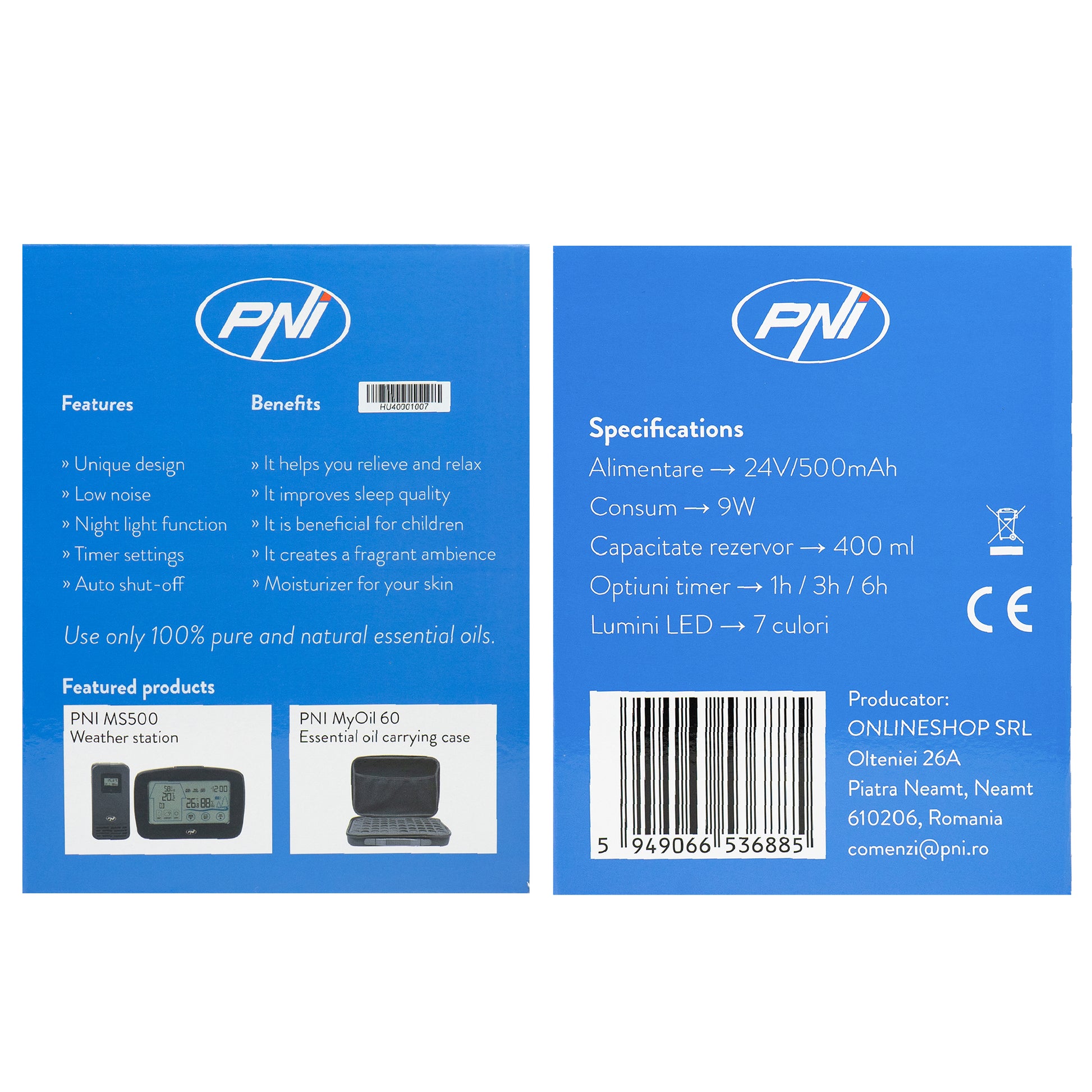 Difuzor aromaterapie PNI HU400 pentru uleiuri esentiale, cu ultrasunete, 400 ml, timer, 7 culori LED, inchidere automata, lighting wooden