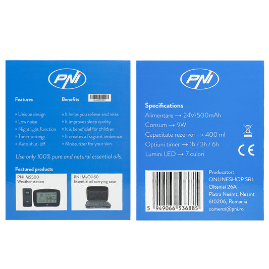 Difuzor aromaterapie PNI HU400 pentru uleiuri esentiale, cu ultrasunete, 400 ml, timer, 7 culori LED, inchidere automata, lighting wooden
