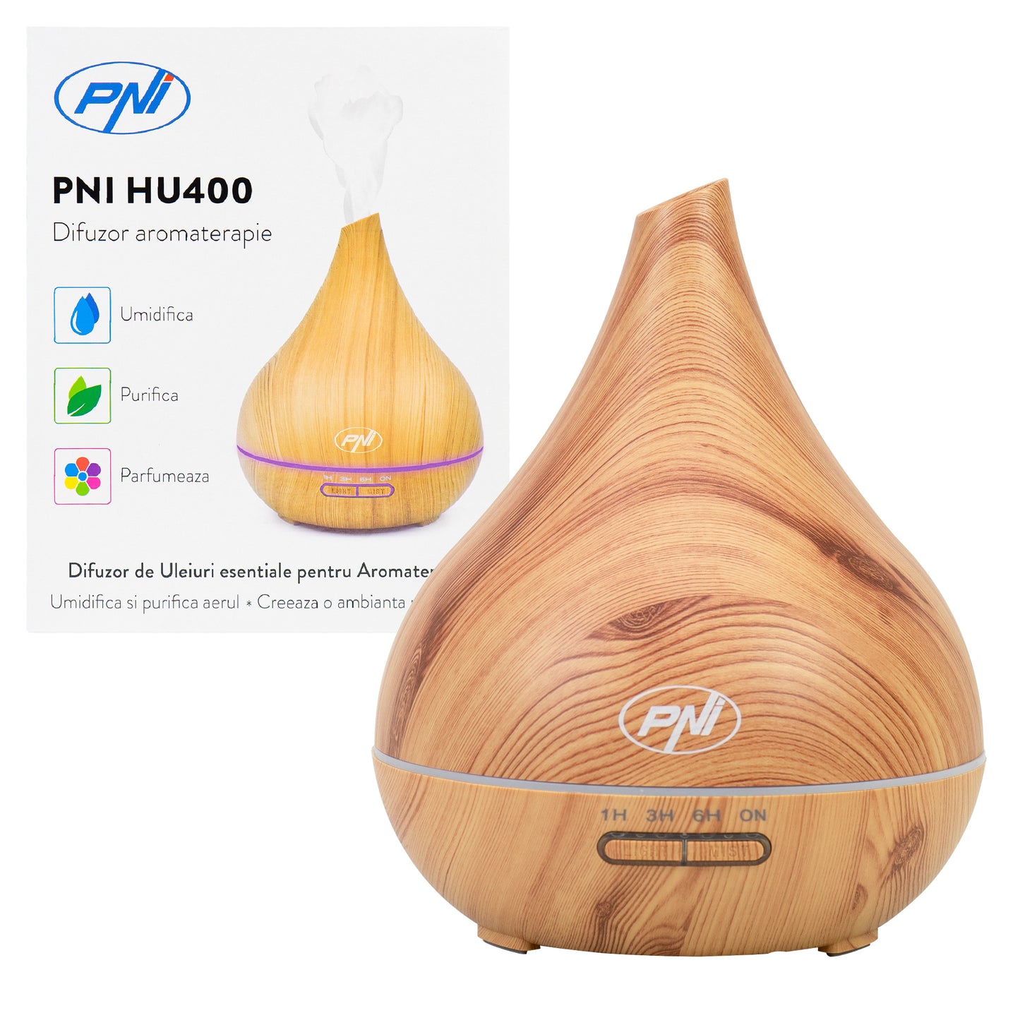 Difuzor aromaterapie PNI HU400 pentru uleiuri esentiale, cu ultrasunete, 400 ml, timer, 7 culori LED, inchidere automata, lighting wooden