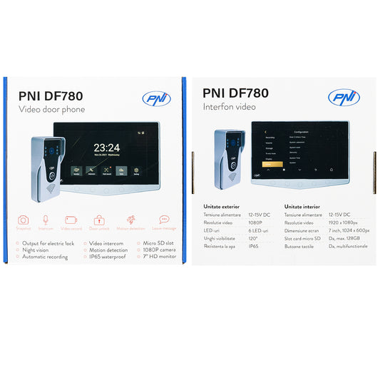 Interfon video PNI DF780 cu 1 monitor, ecran 7 inch 1080p, slot card, IP65, comanda 2 porti, inregistrare miscare eveniment, maxim 4 monitoare, 2 unitati externe si 2 camere CCTV