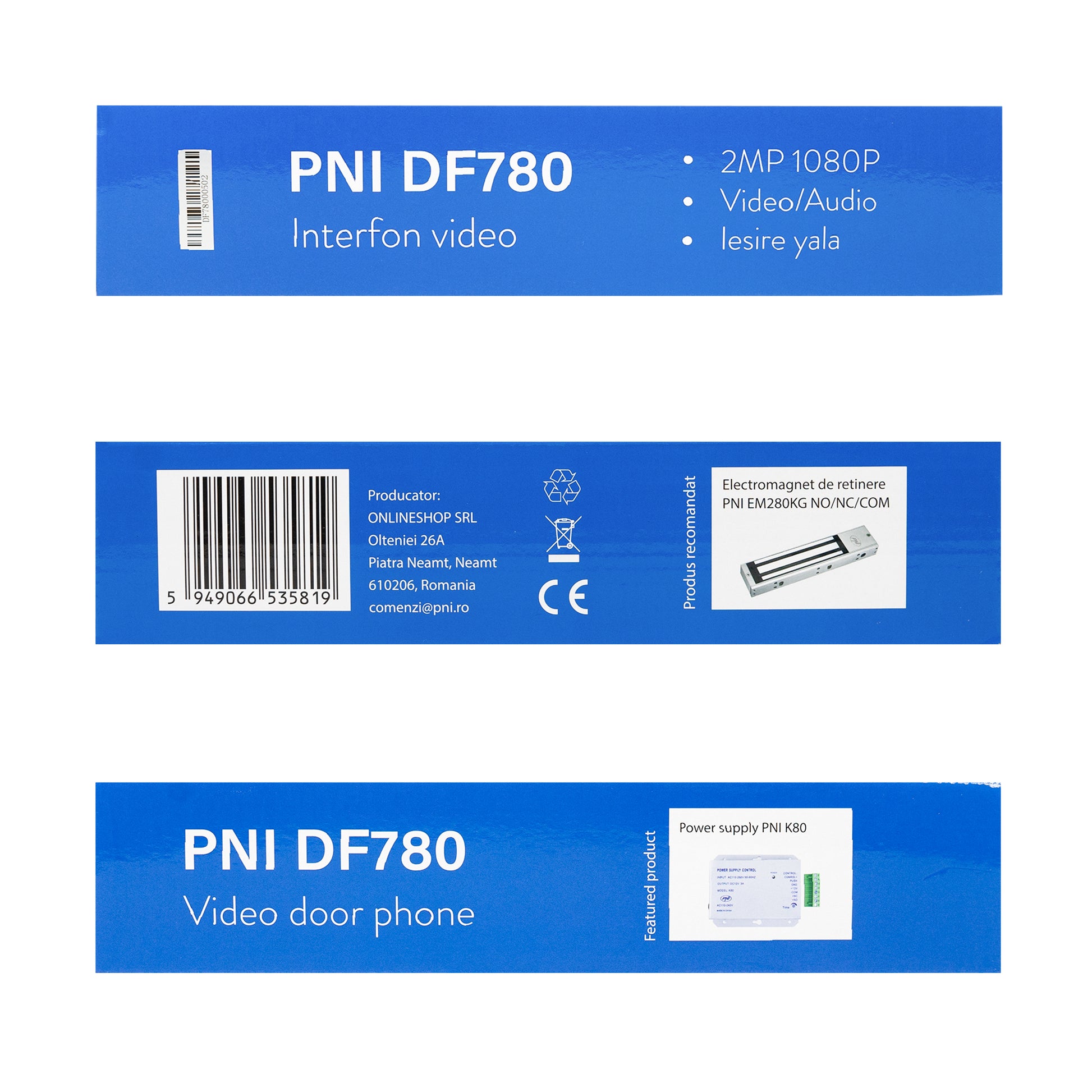 Interfon video PNI DF780 cu 1 monitor, ecran 7 inch 1080p, slot card, IP65, comanda 2 porti, inregistrare miscare eveniment, maxim 4 monitoare, 2 unitati externe si 2 camere CCTV