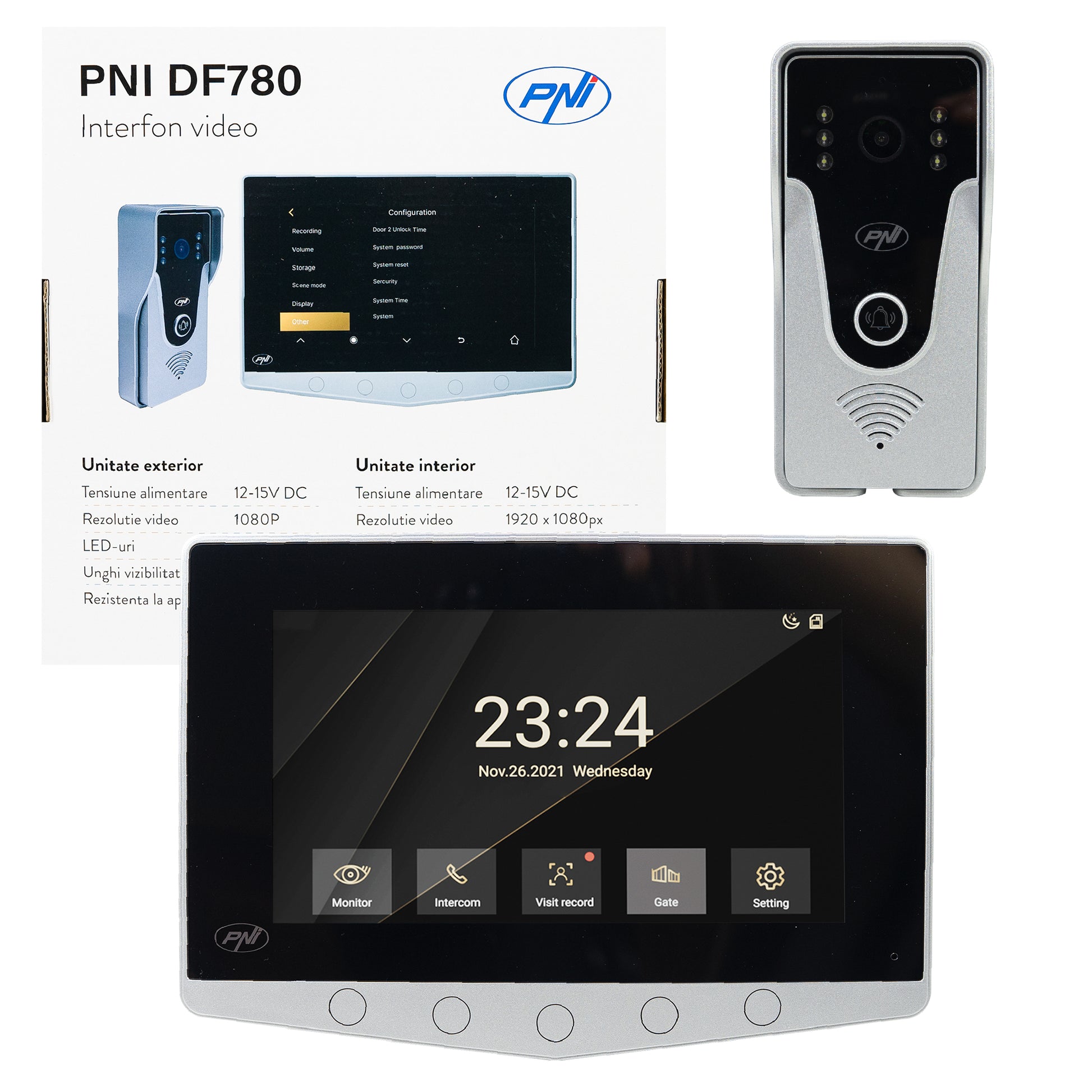 Interfon video PNI DF780 cu 1 monitor, ecran 7 inch 1080p, slot card, IP65, comanda 2 porti, inregistrare miscare eveniment, maxim 4 monitoare, 2 unitati externe si 2 camere CCTV