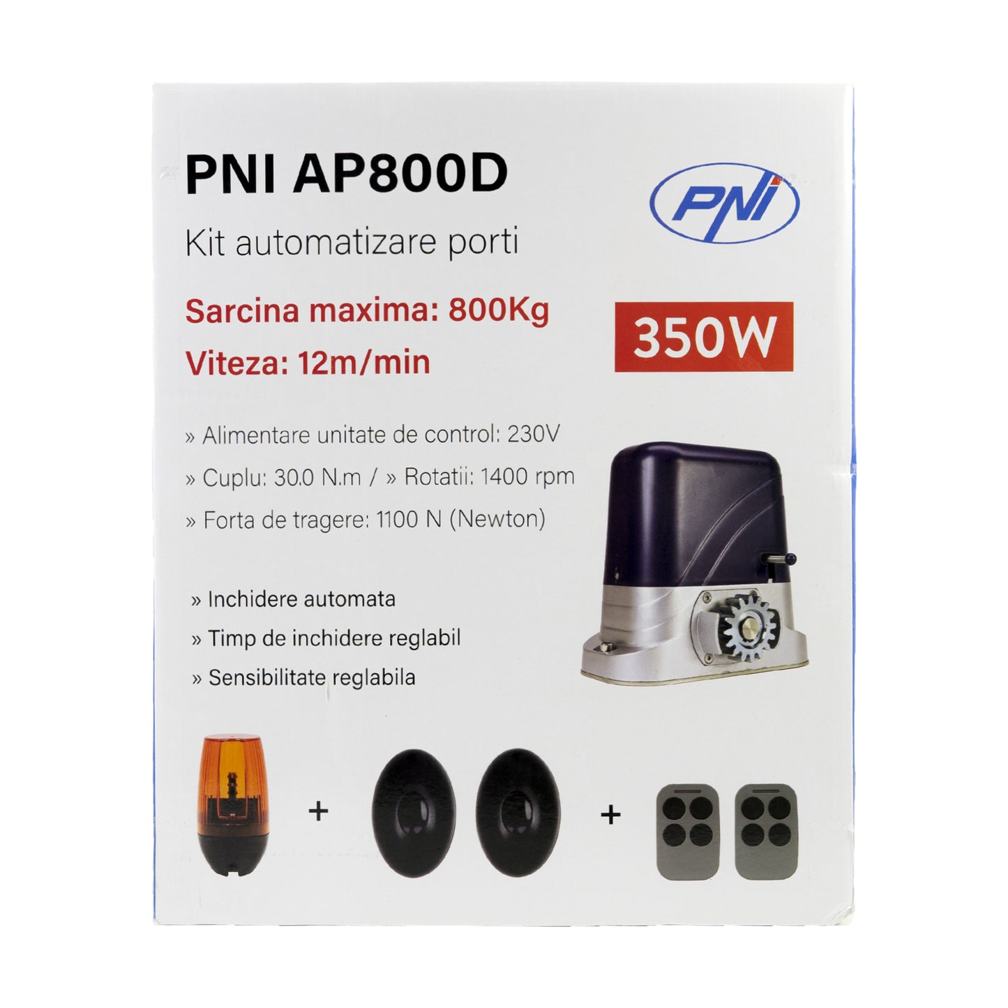 Kit automatizare porti PNI AP800D include motor, fotocelule, telecomanda, lampa, 230V dezvolta 1100 N si 800KG poarta culisanta