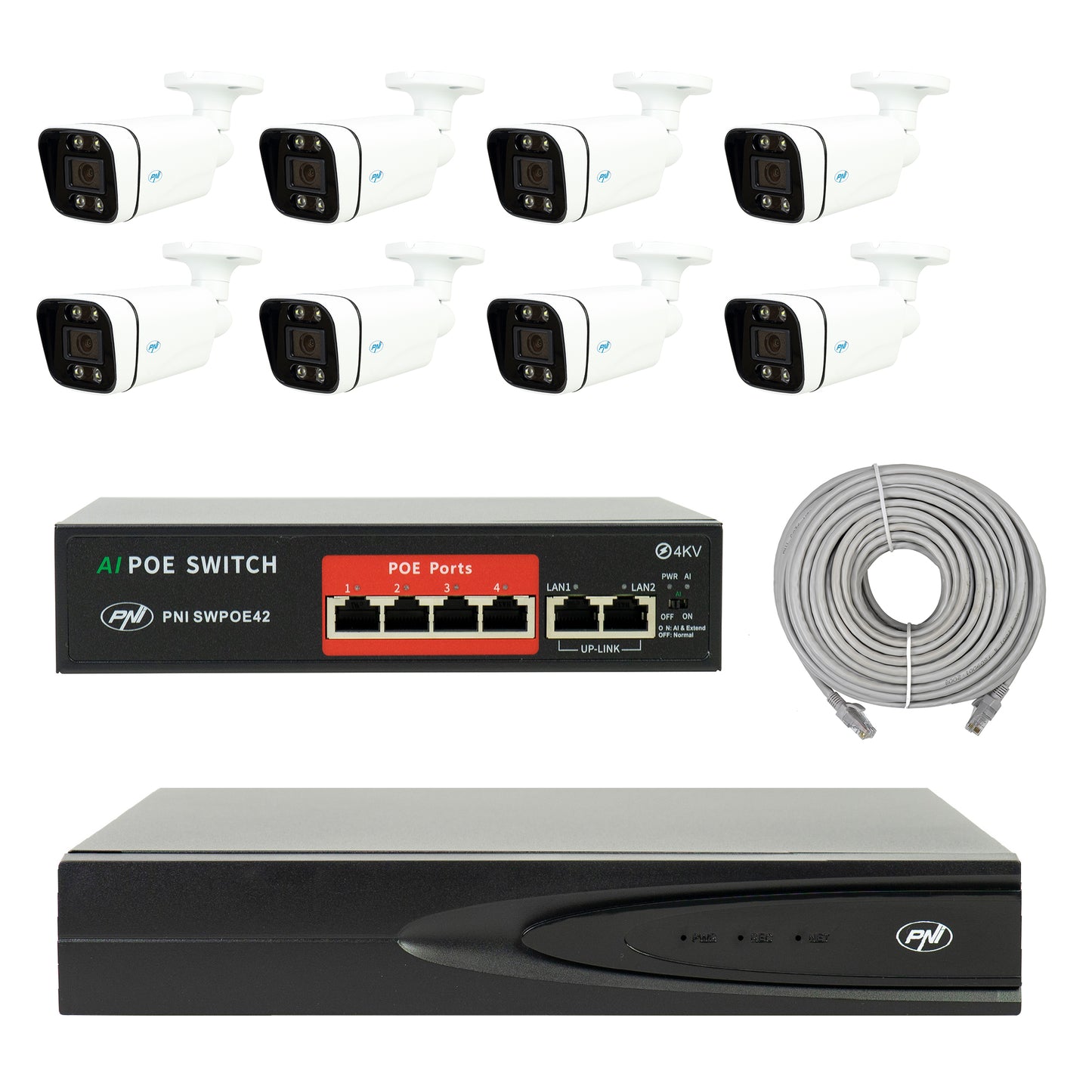 Pachet supraveghere video NVR POE PNI House IP810, 8 camere PNI IP8POE, switch POE si cabluri incluse
