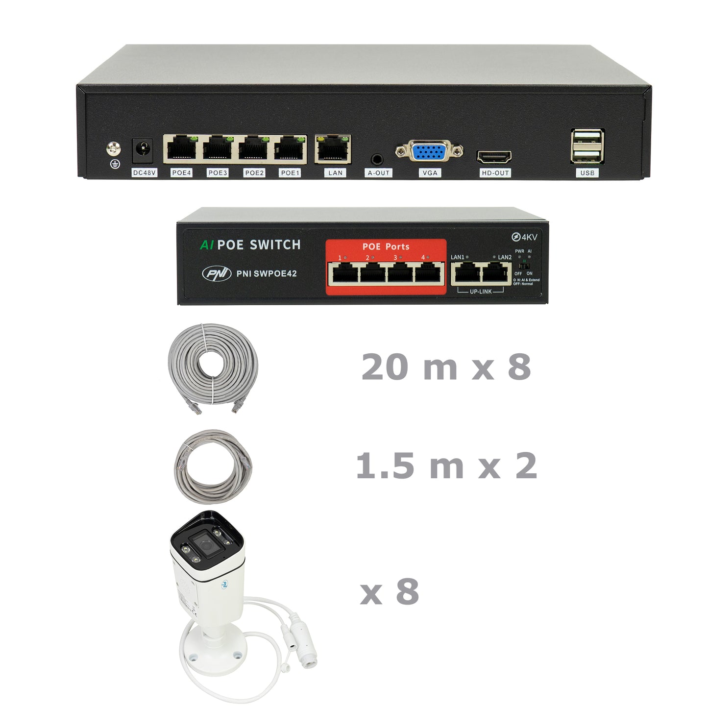 Pachet supraveghere video NVR POE PNI House IP810, 8 camere PNI IP8POE, switch POE si cabluri incluse