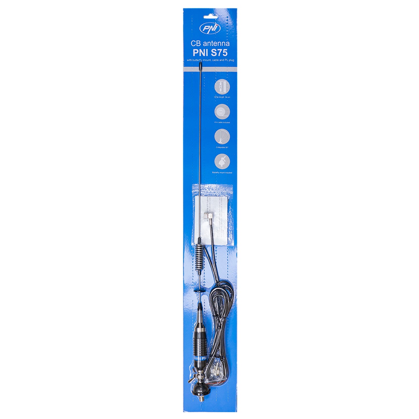 Bax 20 bucati antene CB PNI S75 cu fluture, montura, cablu si mufa PL