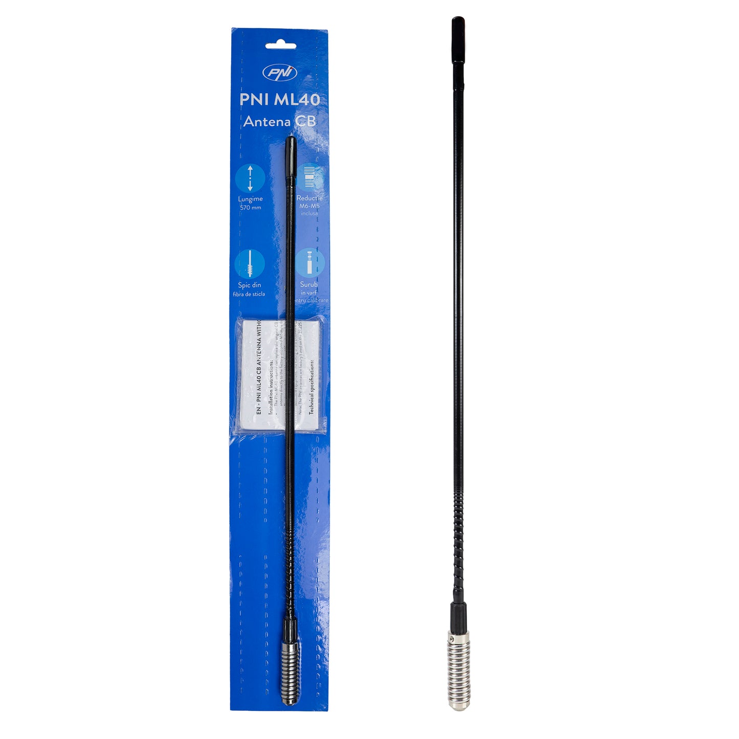 Bax 50 bucati antene CB PNI ML40, lungime 57 cm, cu adaptor filetat tata-tata M6 la M5 inclus