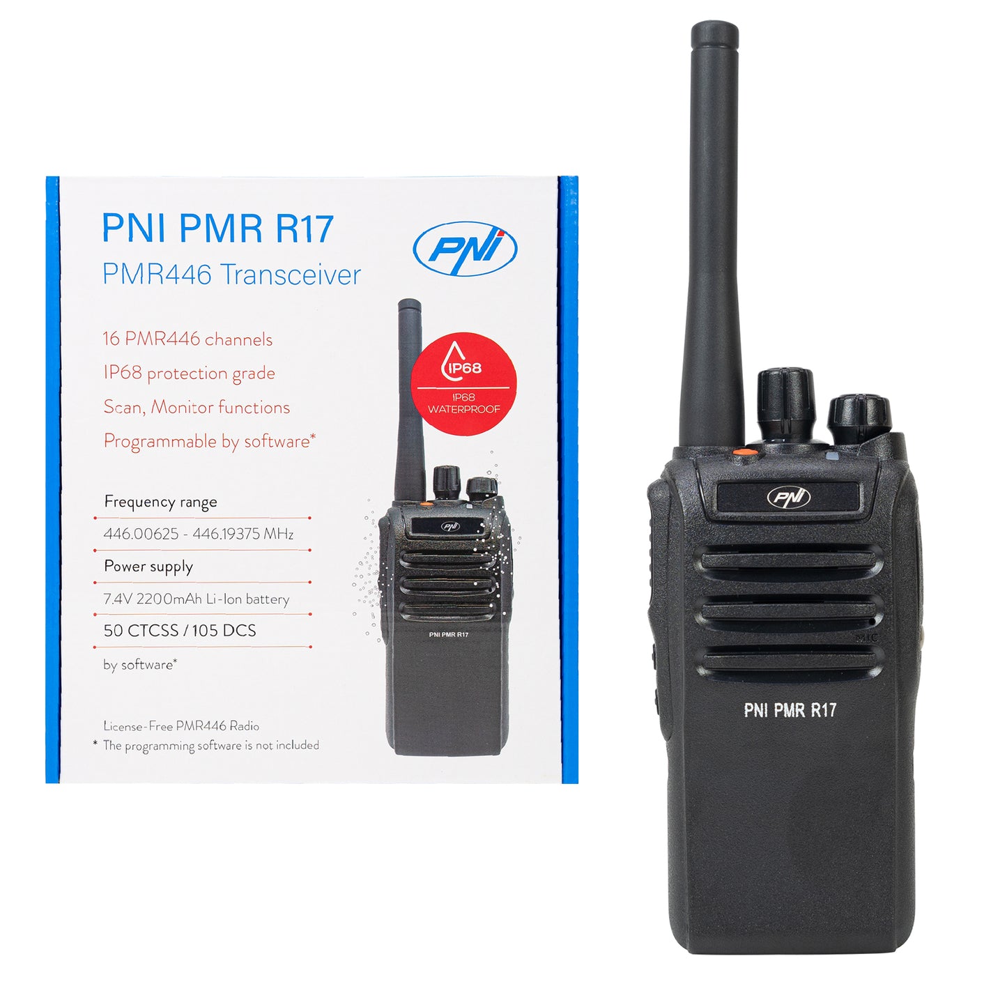 Statie radio portabila PNI PMR R17 446MHz, 0.5W, 16 canale PMR si tonuri 50 CTCSS si 104 DCS, programabila, Li-Ion 2200 mAh, IP68