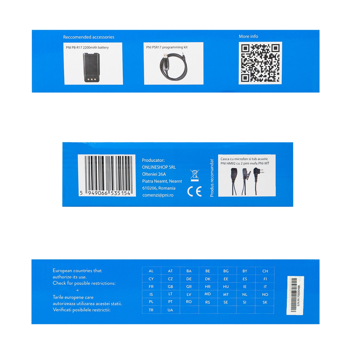 Statie radio portabila PNI PMR R17 446MHz, 0.5W, 16 canale PMR si tonuri 50 CTCSS si 104 DCS, programabila, Li-Ion 2200 mAh, IP68
