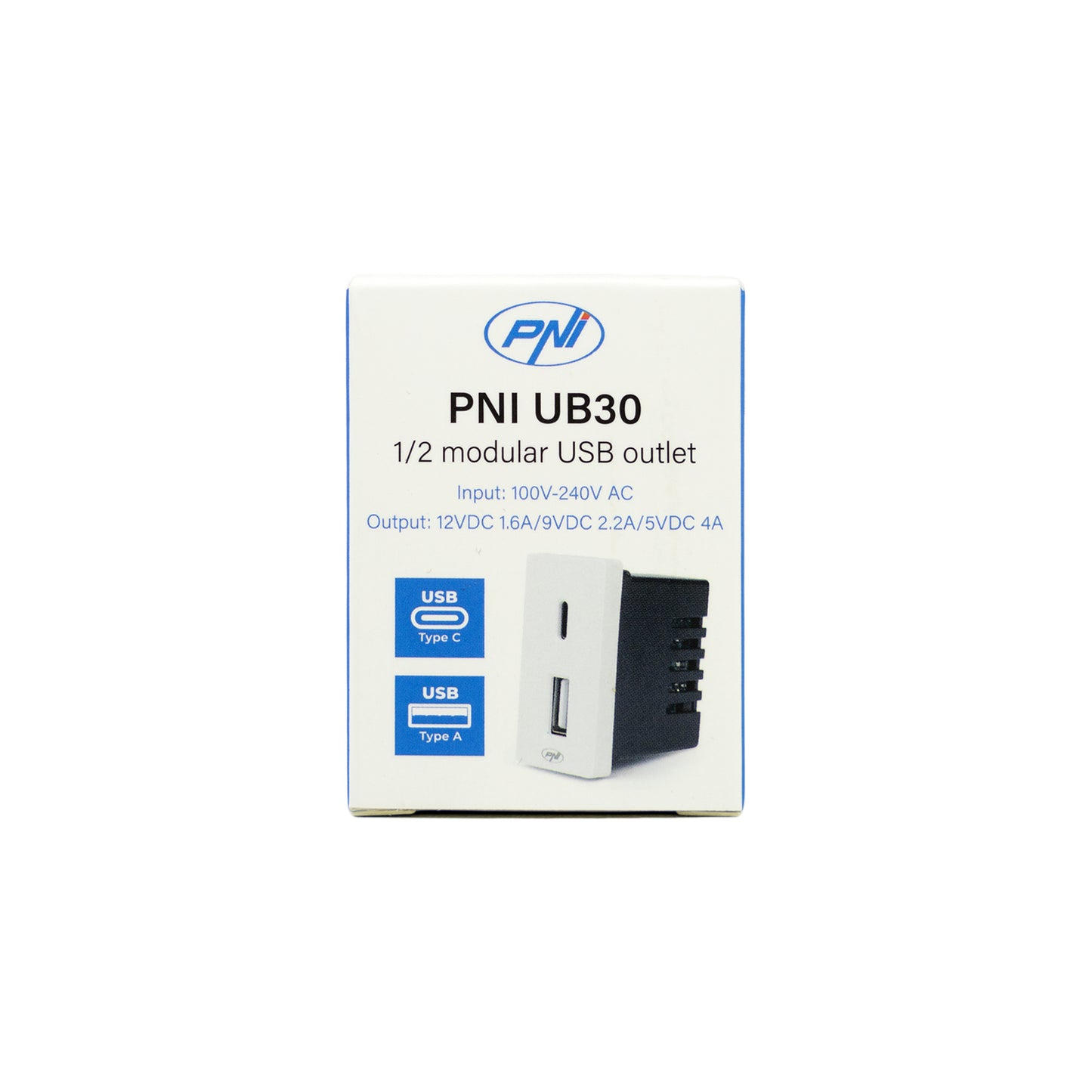 Priza alimentare 2 x USB PNI UB30, USB-A USB-C, 12V/9V/5V, max. 20W, modulara, tip F 1/2, montaj incastrat