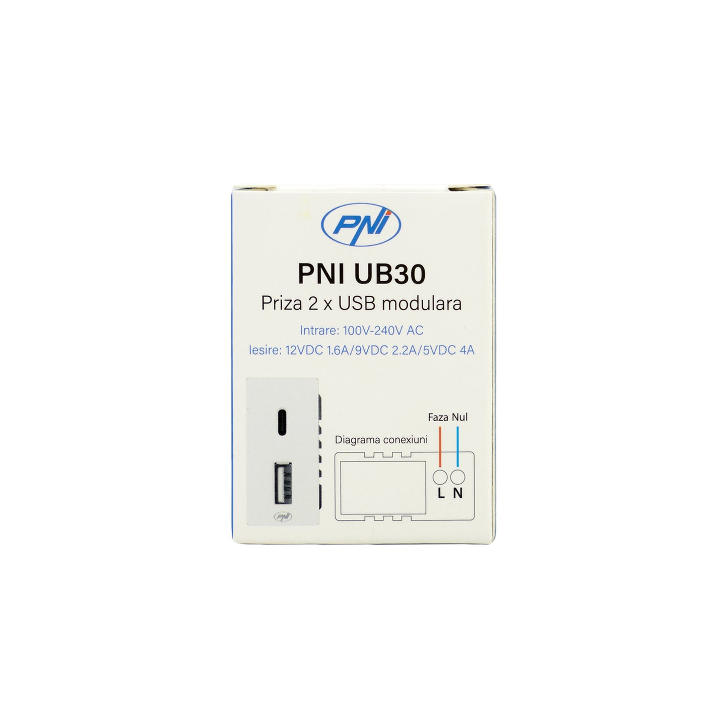 Priza alimentare 2 x USB PNI UB30, USB-A USB-C, 12V/9V/5V, max. 20W, modulara, tip F 1/2, montaj incastrat