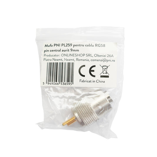 Mufa PNI PL259 pentru cablu RG58 pin central aurit 9 mm