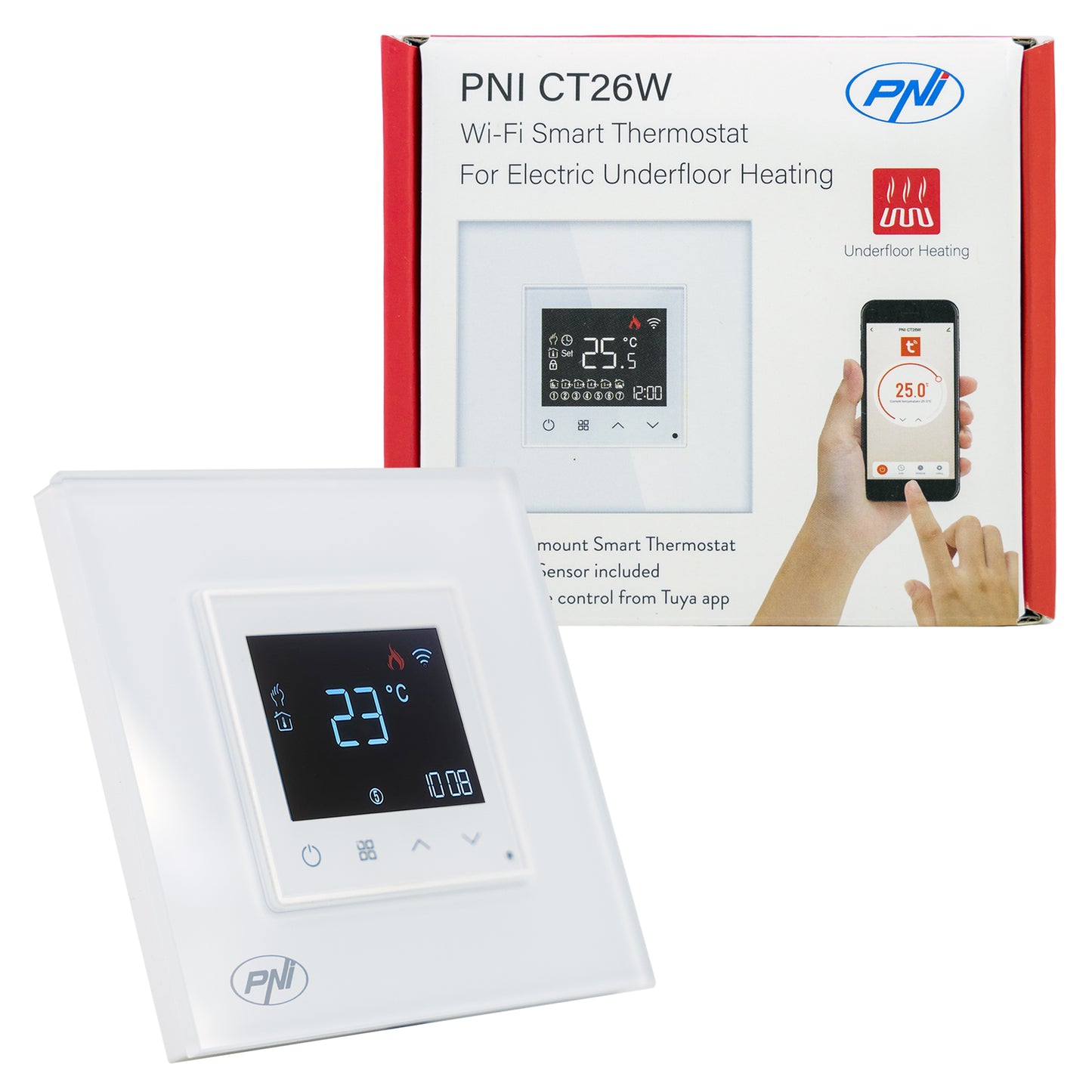 Termostat inteligent PNI CT26W WiFi incalzire in pardoseala electrica sau grup pompare, senzor pardoseala inclus, montaj incastrat, control din aplicatia Tuya Smart, programare zilnica, mod manual/automat, tensiune iesire 230V 10A