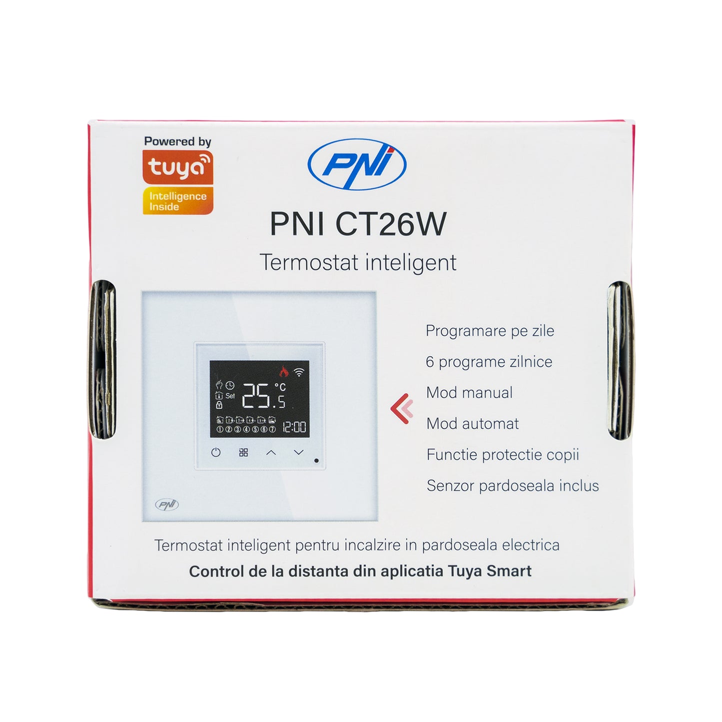 Termostat inteligent PNI CT26W WiFi incalzire in pardoseala electrica sau grup pompare, senzor pardoseala inclus, montaj incastrat, control din aplicatia Tuya Smart, programare zilnica, mod manual/automat, tensiune iesire 230V 10A