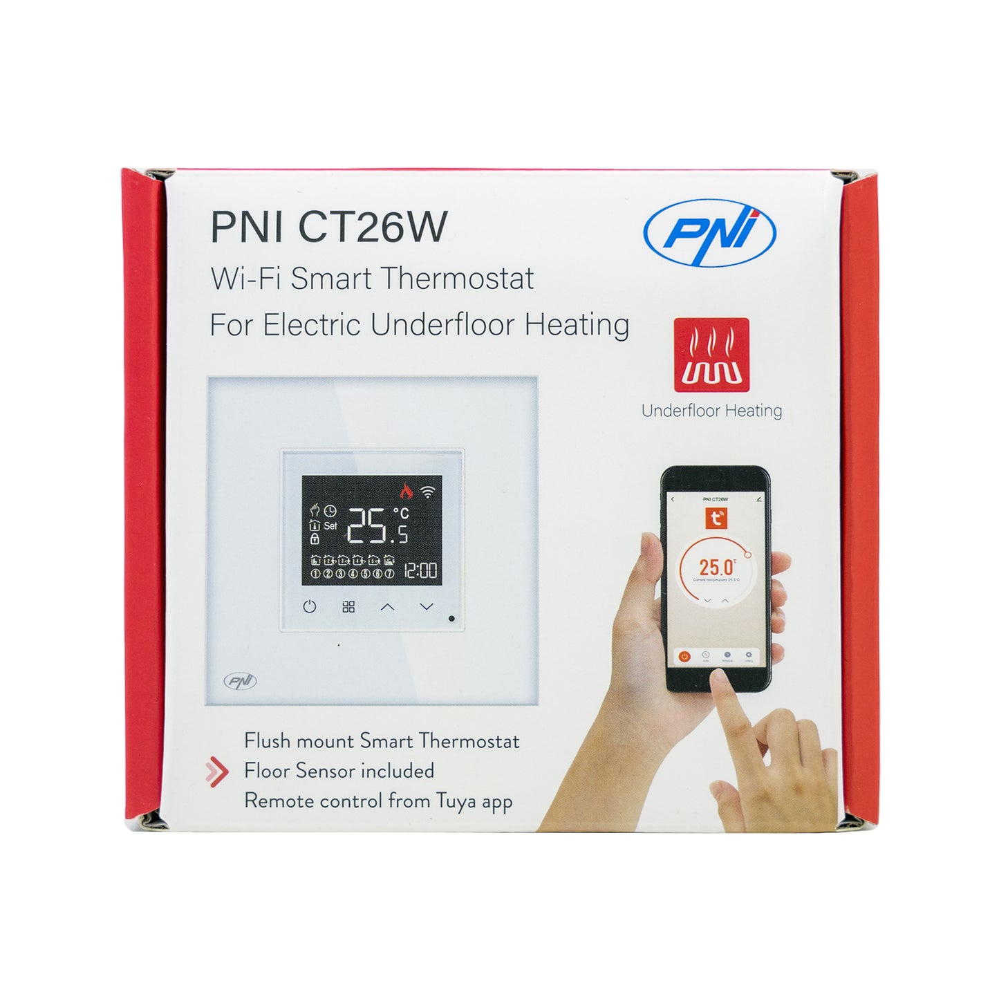 Termostat inteligent PNI CT26W WiFi incalzire in pardoseala electrica sau grup pompare, senzor pardoseala inclus, montaj incastrat, control din aplicatia Tuya Smart, programare zilnica, mod manual/automat, tensiune iesire 230V 10A
