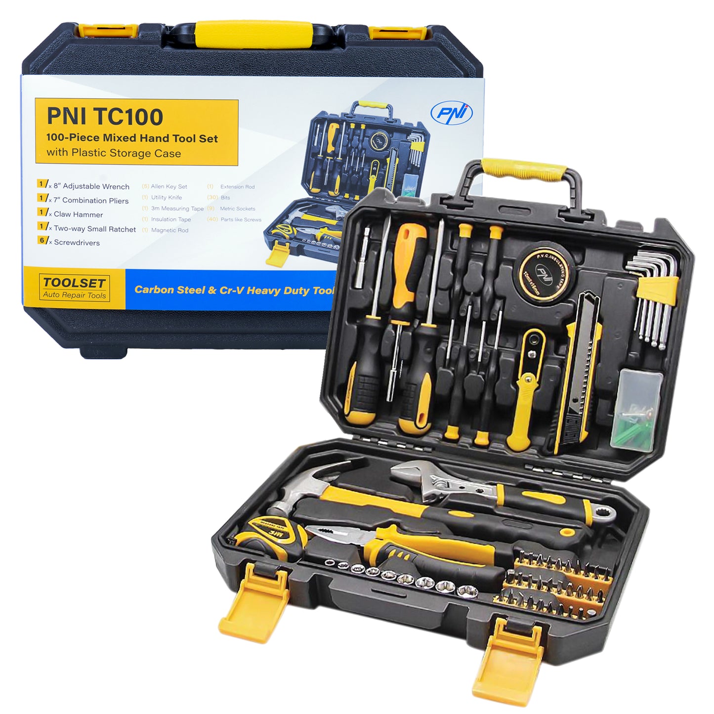 Trusa scule de mana PNI TC100 100 de piese, material Otel Carbon si Crom Vanadiu, cutie din plastic