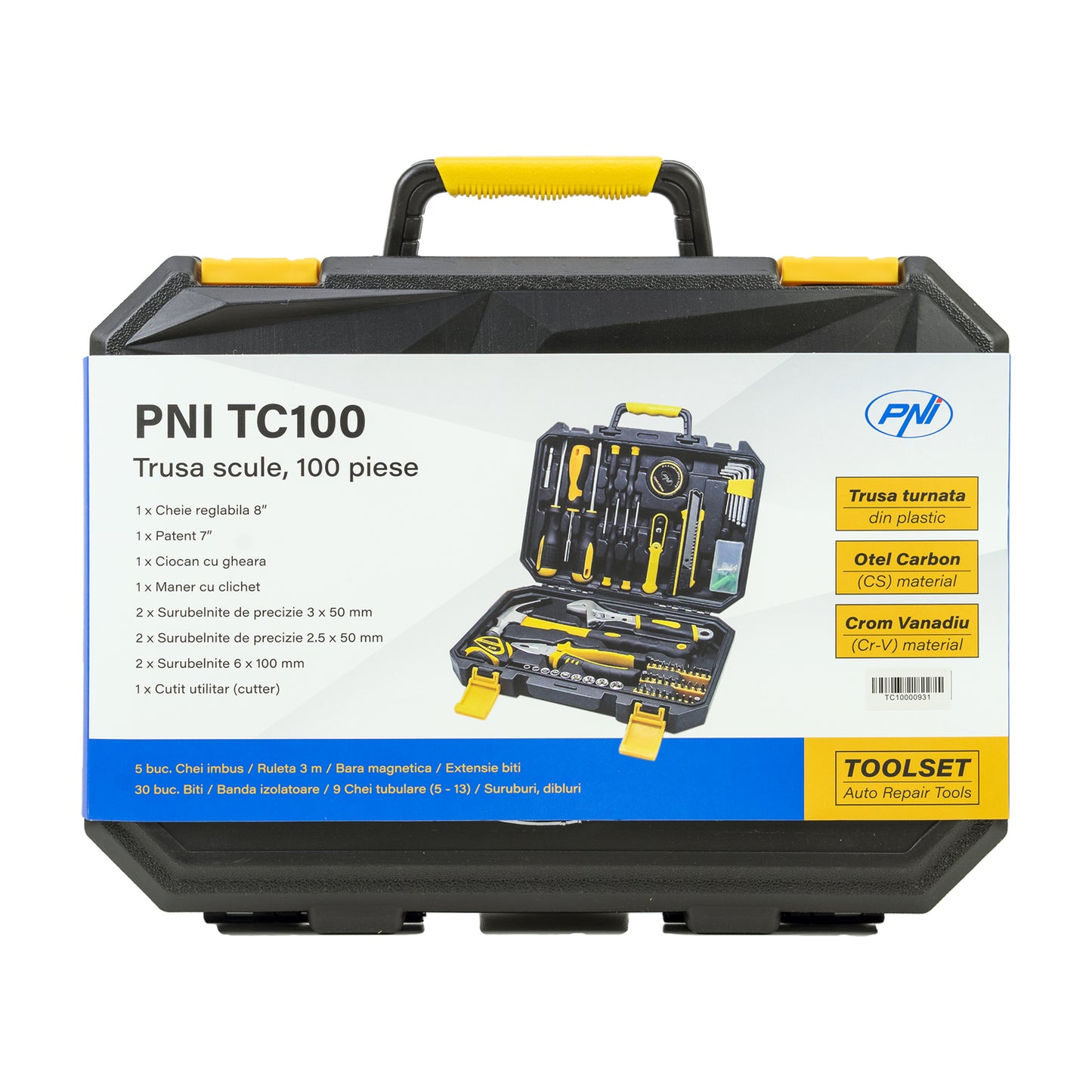 Trusa scule de mana PNI TC100 100 de piese, material Otel Carbon si Crom Vanadiu, cutie din plastic