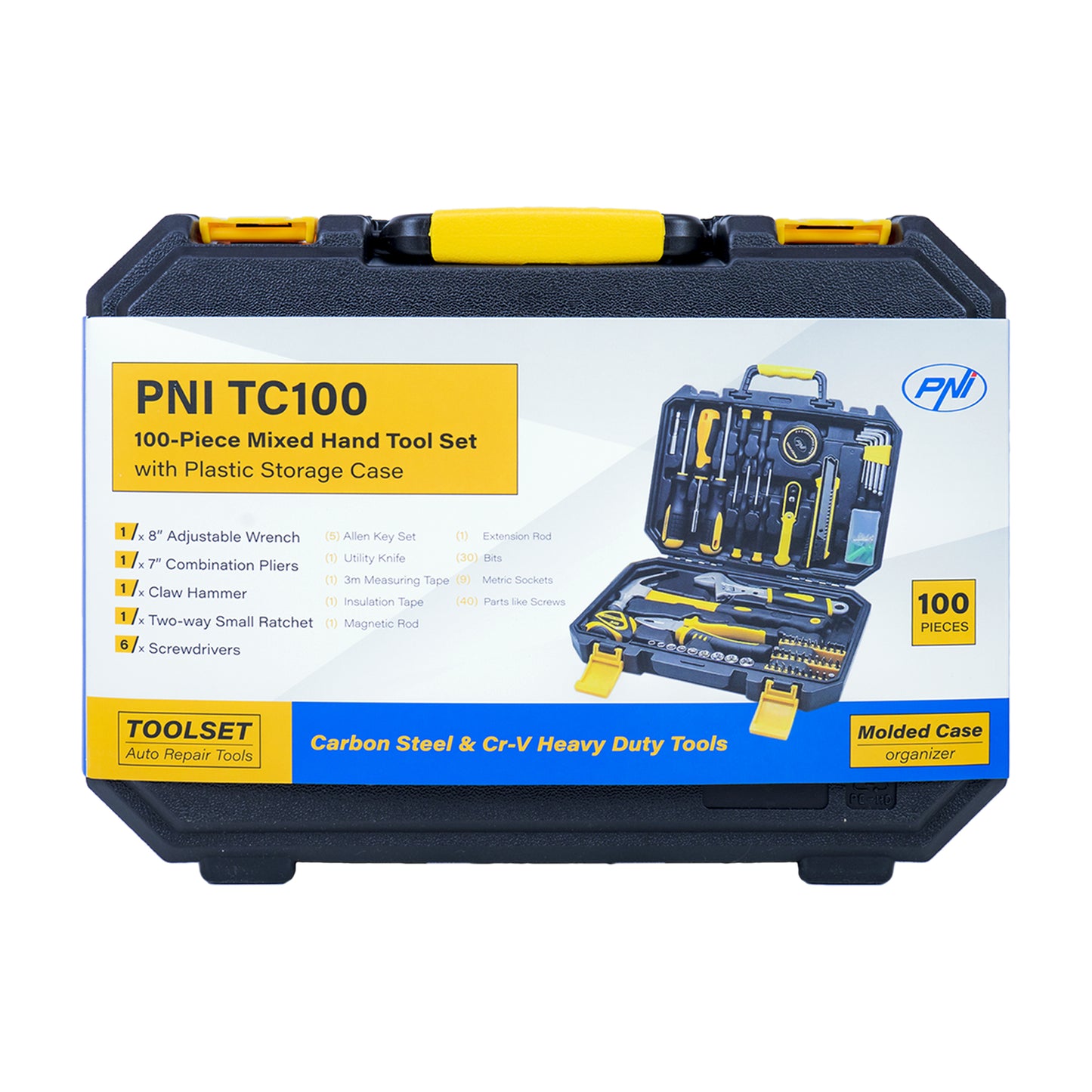 Trusa scule de mana PNI TC100 100 de piese, material Otel Carbon si Crom Vanadiu, cutie din plastic
