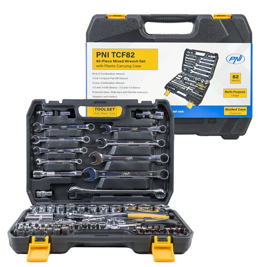 Trusa multifunctionala cu chei tubulare si fixe PNI TCF82 82 de piese, cutie din plastic