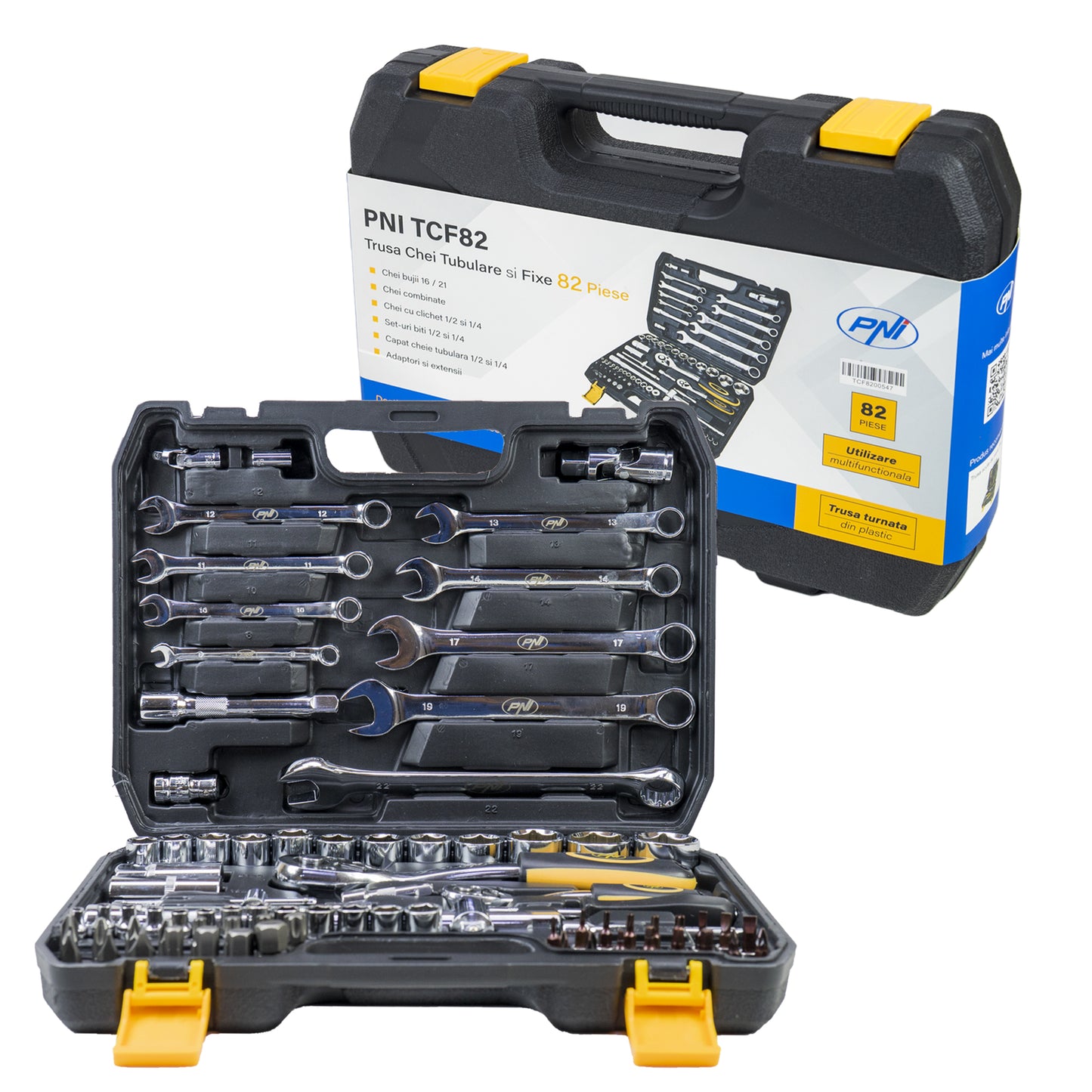 Trusa multifunctionala cu chei tubulare si fixe PNI TCF82 82 de piese, cutie din plastic