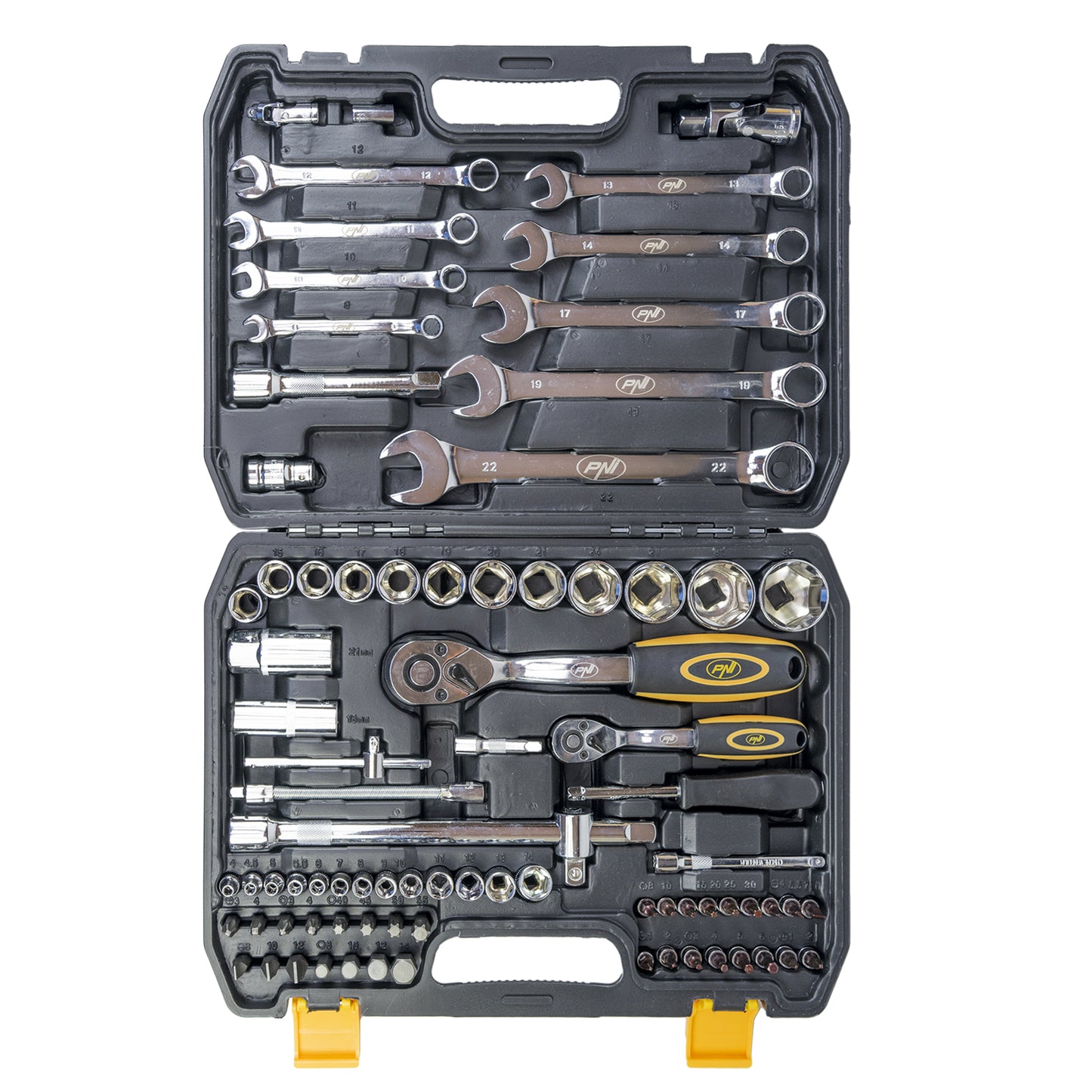 Trusa multifunctionala cu chei tubulare si fixe PNI TCF82 82 de piese, cutie din plastic