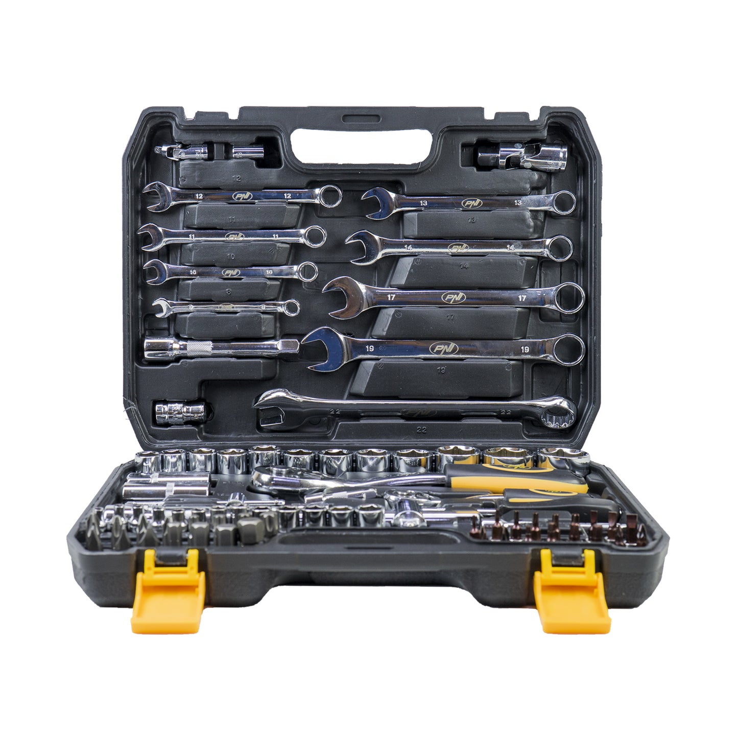 Trusa multifunctionala cu chei tubulare si fixe PNI TCF82 82 de piese, cutie din plastic